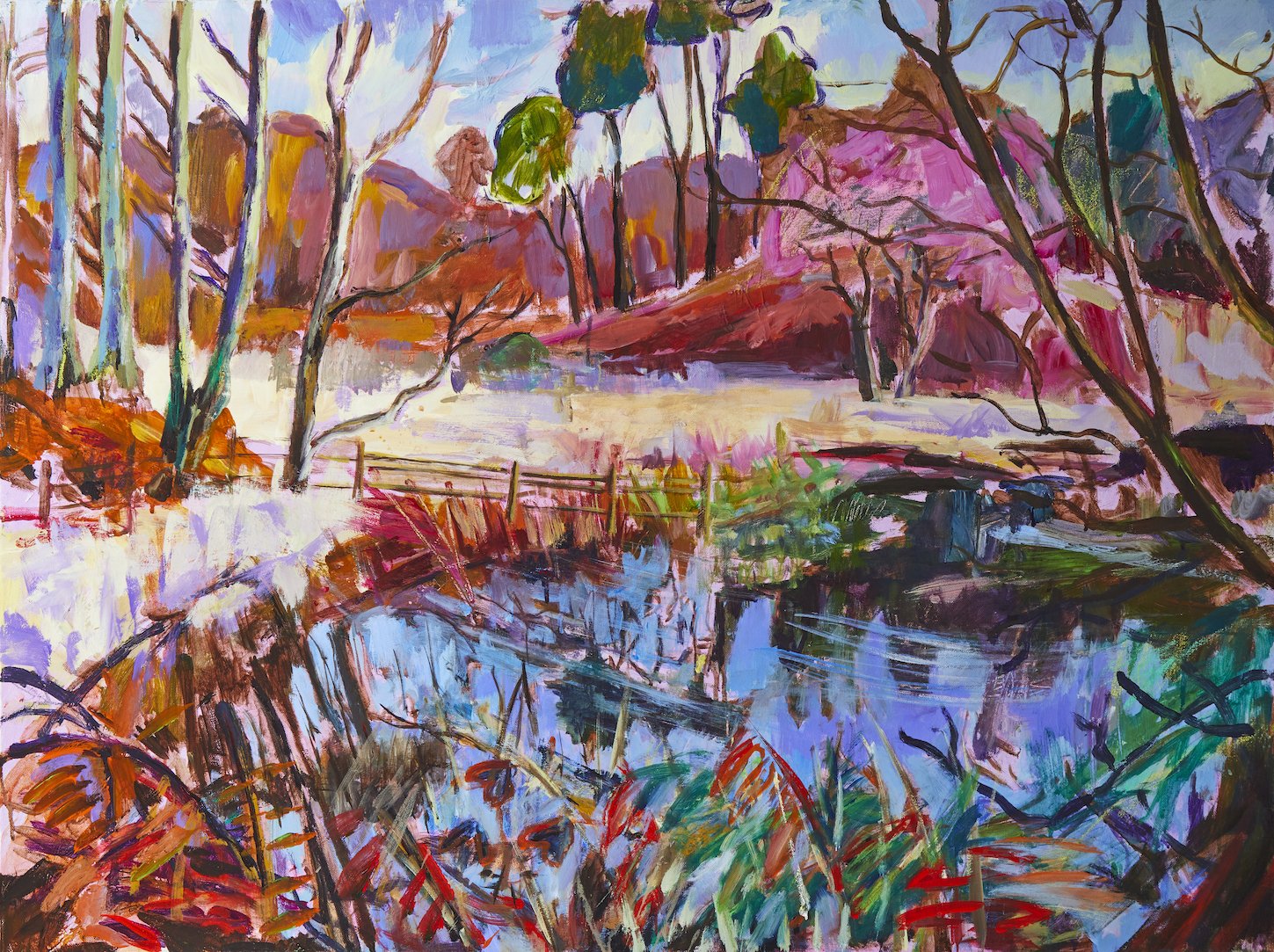🔴 Pink Lake with Gold. Acrylic and Oil on Canvas. 60 x 101 cm. £3,600 