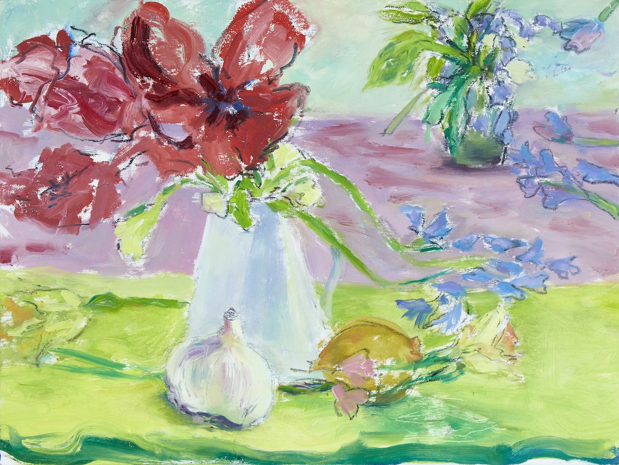 🔴 Spring Flowers on Pink and Green. Acrylic and Oil on Canvas. 30 x 40 cm. £850