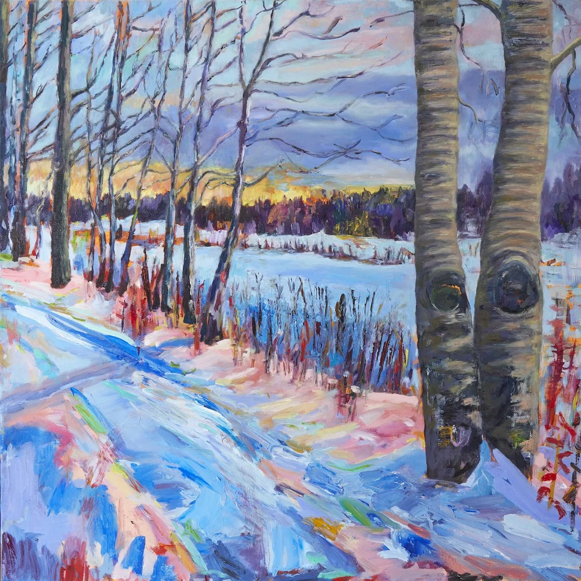 🔴 Snowy Tracks and Silver Birches. Acrylic and Oil on Canvas. 80 x 80 cm