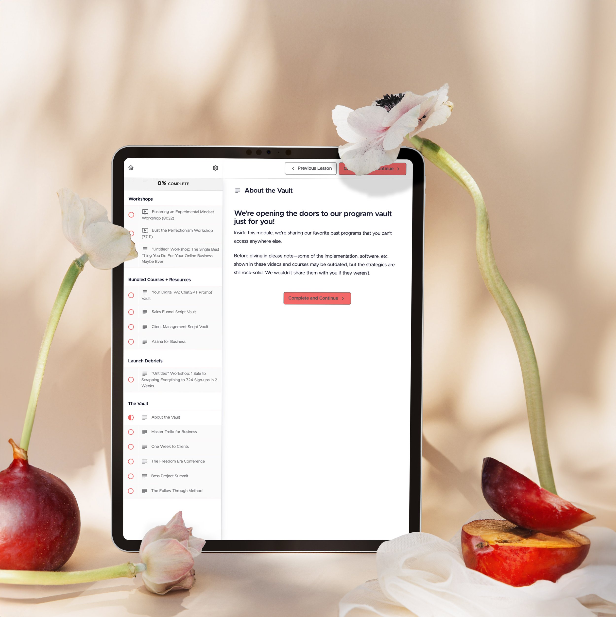 The Vault in Teachable on iPad screen with flowers and fruit