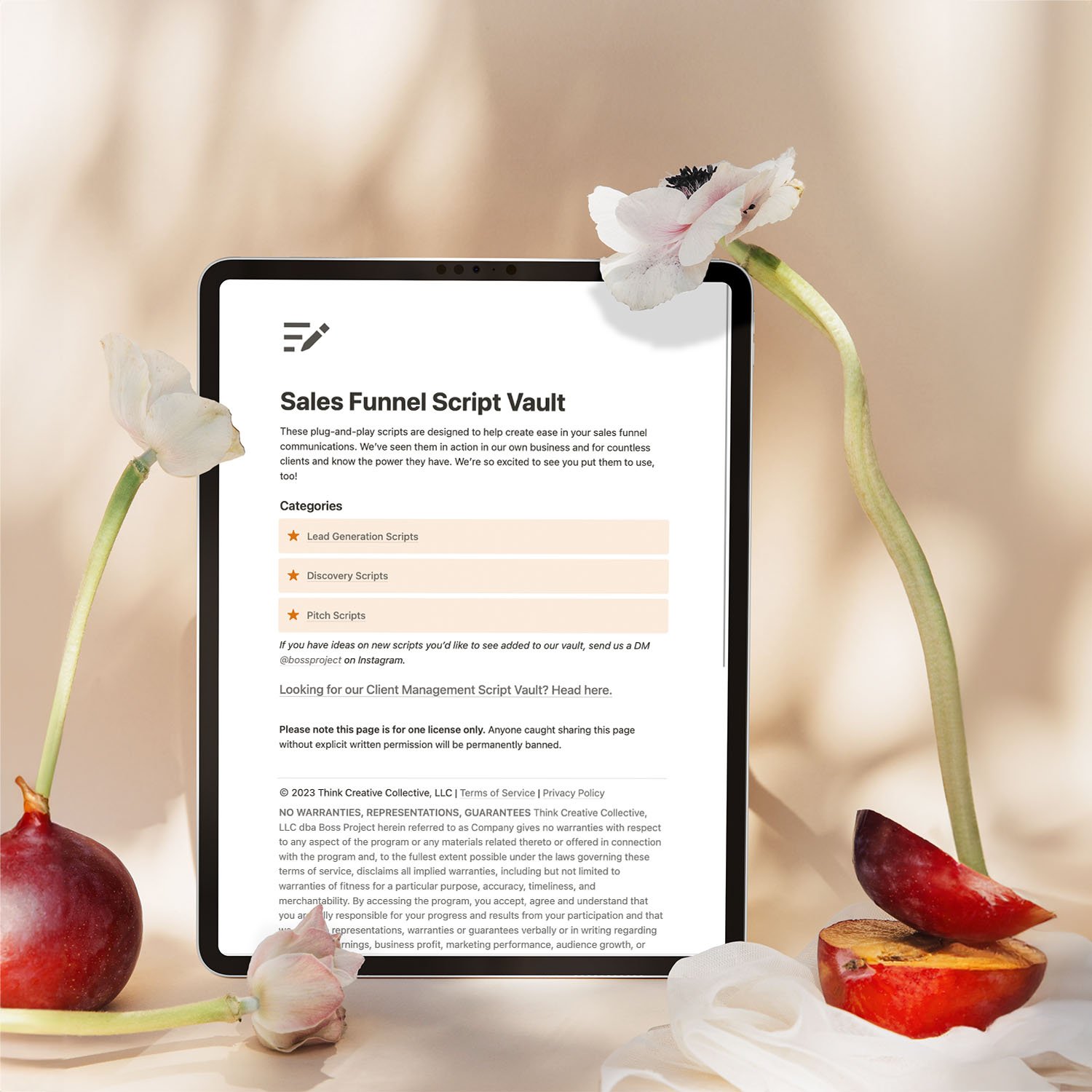 Sales Funnel Script Vault Notion page on tablet screen