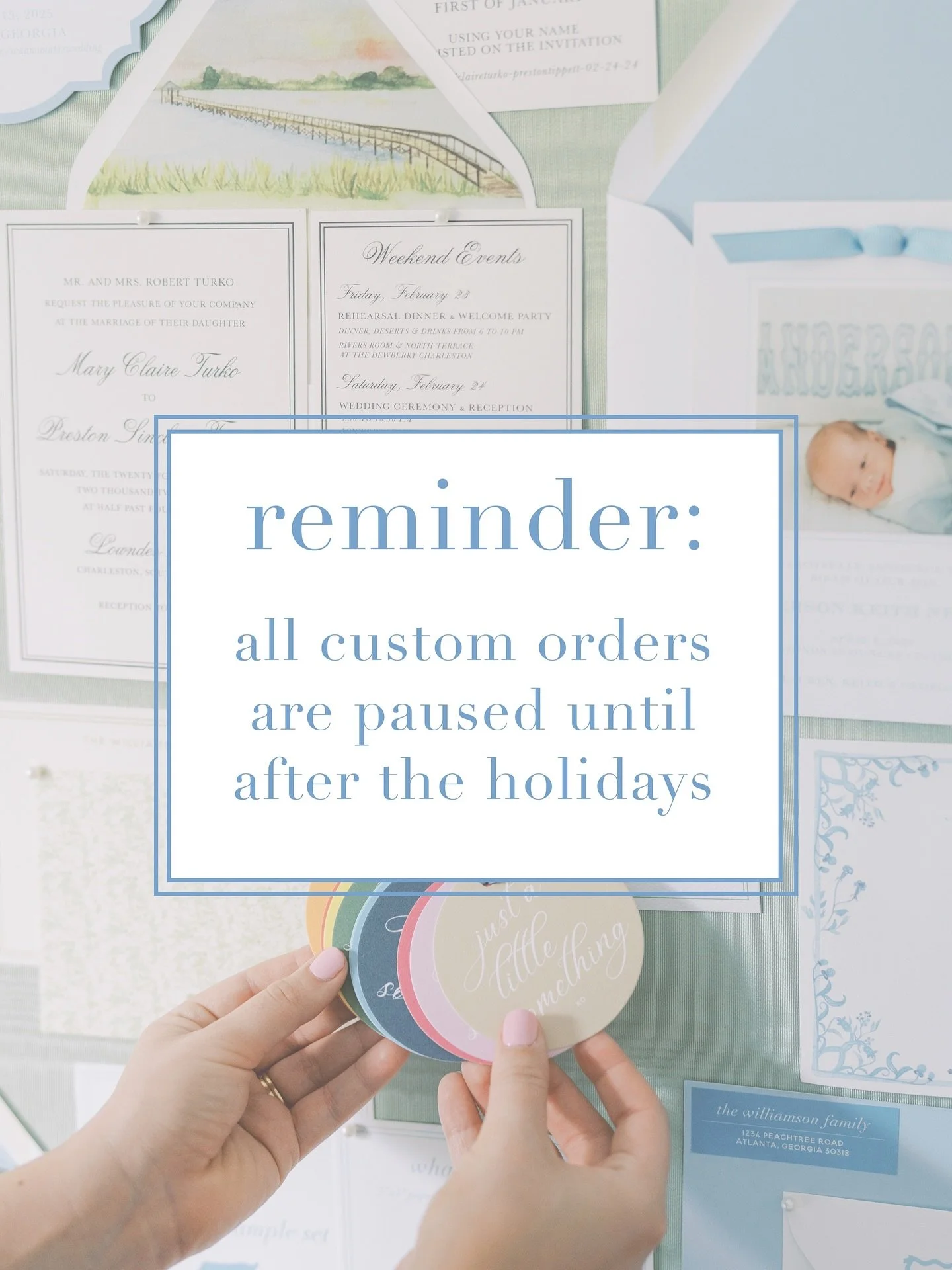 Gentle reminder that all custom work (except custom Christmas Cards!) will be paused until January 2026 🤍 I broke my own rule, took on several custom projects and naturally overextended myself. What&rsquo;s new 🤣 thank you for your understanding!