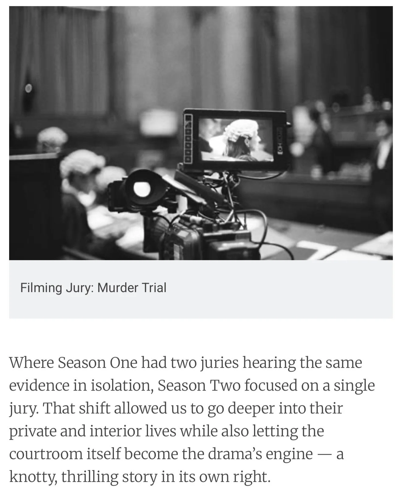 A camera on a tripod filming a court proceeding with jurors and a judge in the background, specializing in a murder trial. BAFTA nominated film and television director Misha Manson-Smith.
