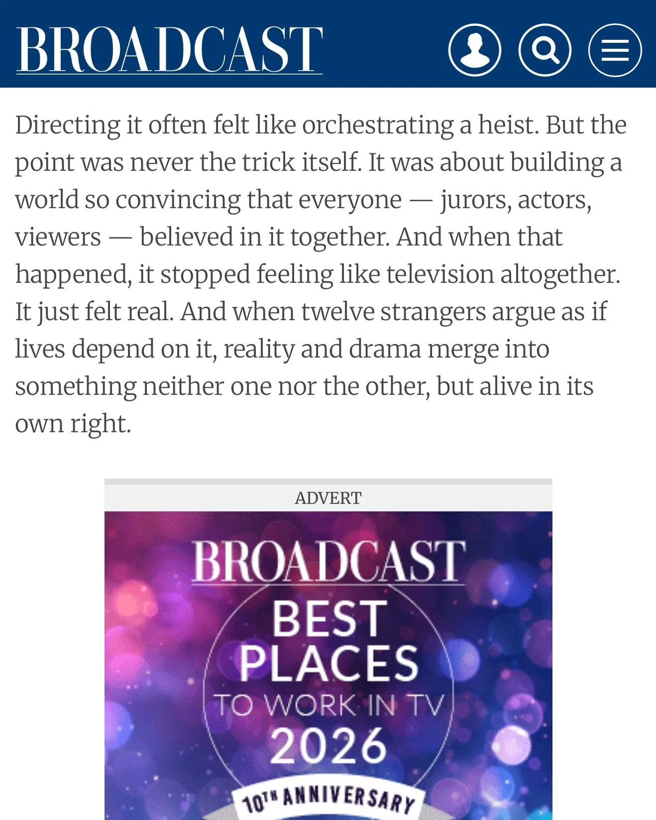 A digital image that features a television broadcast theme. The top part shows a header with the word "BROADCAST" in large white font on a blue background, with icons for profile, search, and menu. Below is a paragraph of text discussing the emotional power of television and storytelling. Beneath the paragraph, there is a vibrant, colorful poster with the title "BROADCAST BEST PLACES TO WORK IN TV 2026" and mentions the 10th anniversary, with purple and pink bokeh light effects.