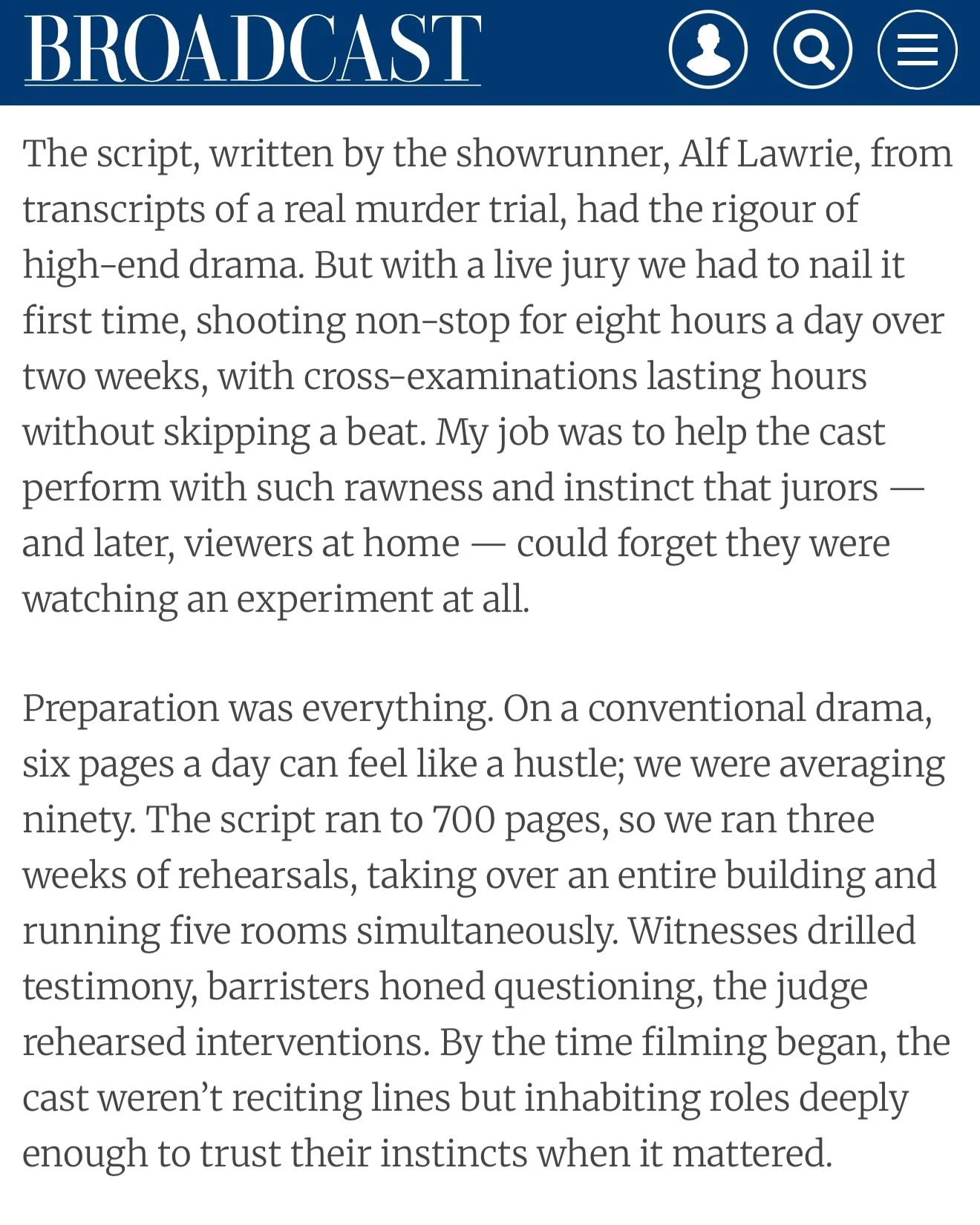 Screenshot of a webpage titled "BROADCAST" with article text about a script written by Alf Lawrie, based on transcripts of a murder trial. BAFTA nominated film and television director Misha Manson-Smith.