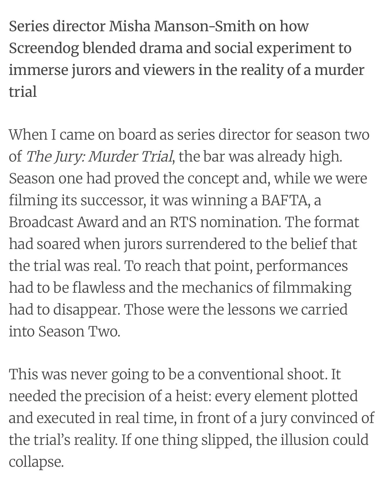 Text excerpt about series director Misha Manson-Smith discussing 'The Jury: Murder Trial' and the filmmaking process.