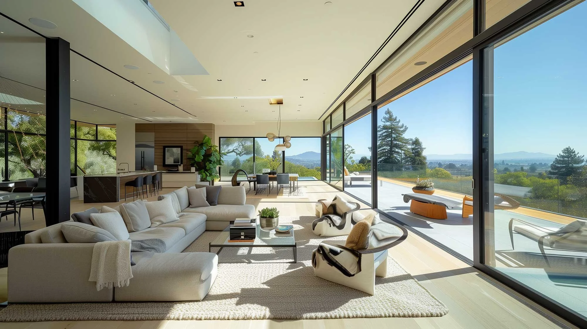 A spacious living room featuring large windows that offer a stunning view of the surrounding mountains.