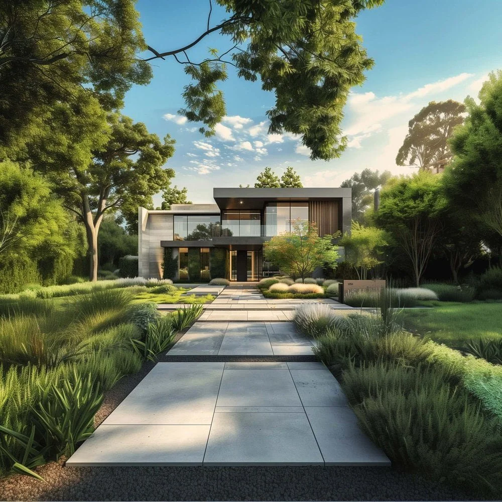 Beautiful modern home with massive front yard. Very nice landscaping design and modern pavers leading to the entryway of the big home.