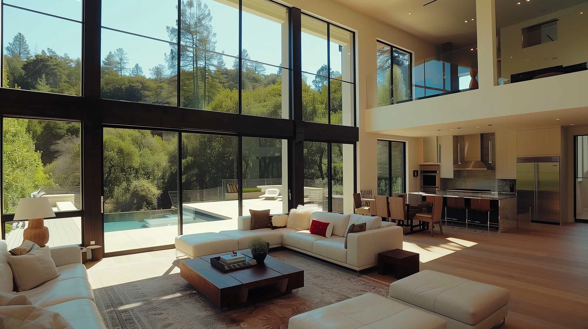 A spacious living room featuring large windows that overlook a serene pool area, creating a bright and inviting atmosphere.