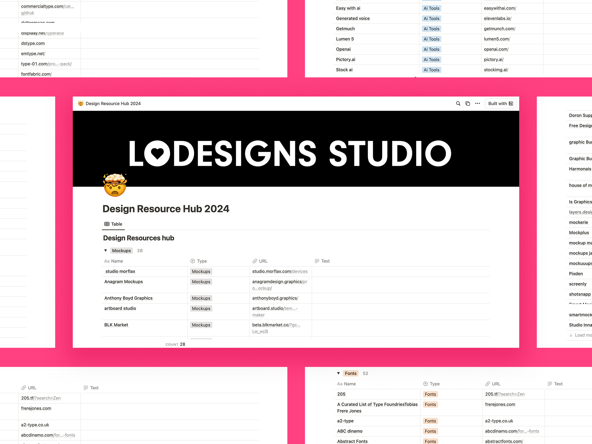 Screenshot of a digital design resource hub titled "LOD'SIGNS STUDIO" with a black header and a heart icon, featuring a table listing various mockups, fonts, and design resources, set against a pink background.