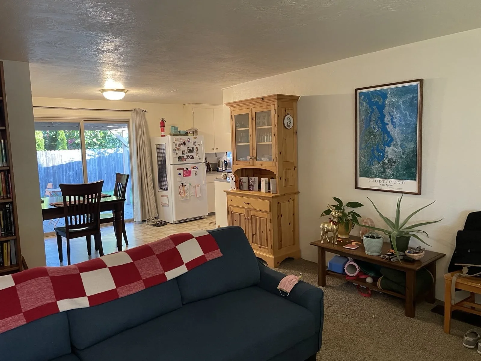 Living room with a navy sofa and a red and white checkered blanket draped over it. Behind the sofa, there's a wooden side table with plants, figurines, and miscellaneous items. On the wall, there's a large framed map of Puget Sound, and next to it, a