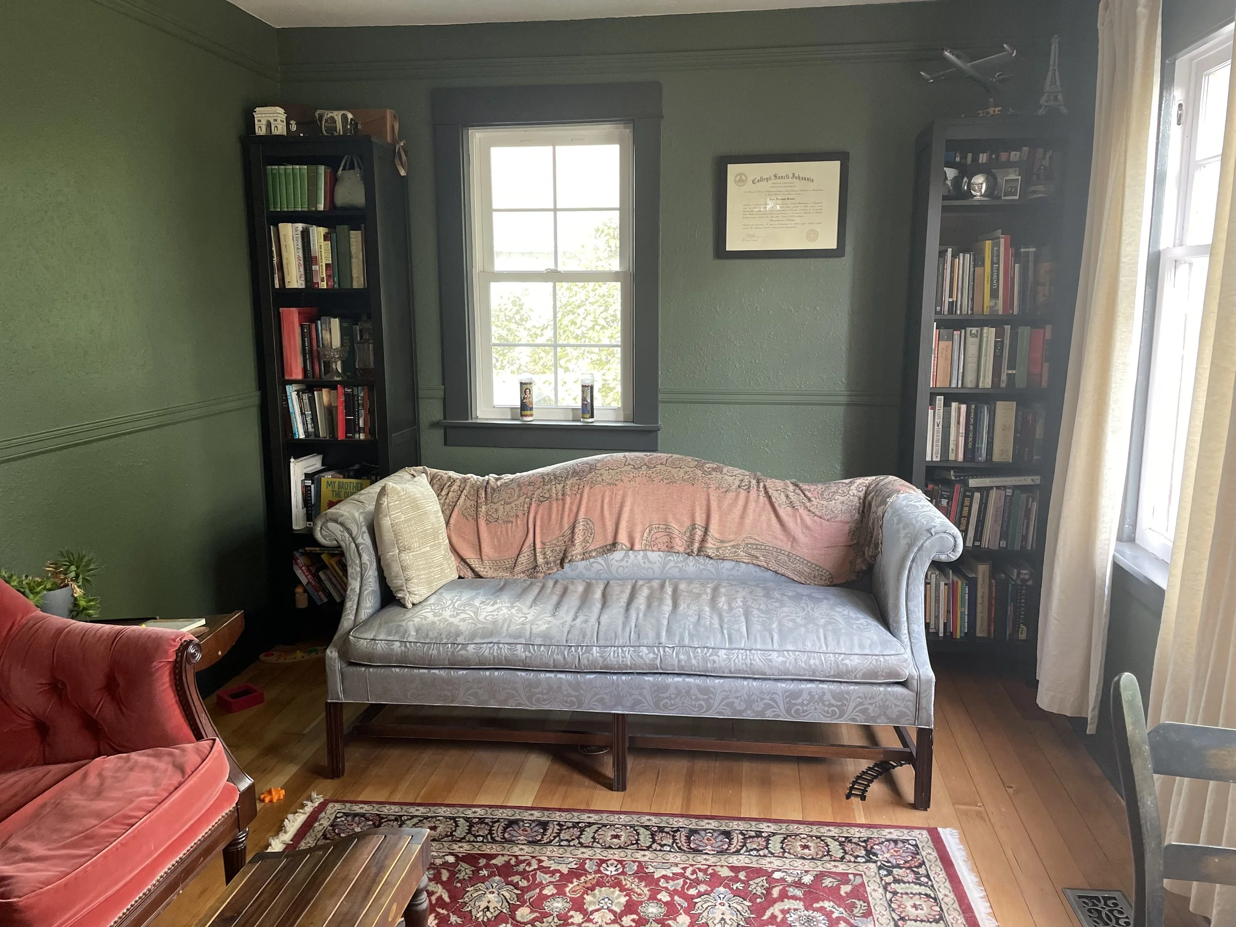 A living room with green walls, a gray upholstered sofa with a pink throw blanket and cushion, a red armchair, a wooden coffee table, a patterned rug, two tall black bookshelves filled with books, a window with curtains, and a framed certificate on t