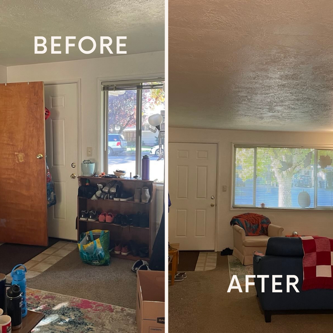 Side-by-side comparison of a living room before and after cleaning. In the "before" image, the entryway has shoes on a shoe rack, a bag on the floor, and clutter near the door. In the "after" image, the entryway is clear, and the living room appears 