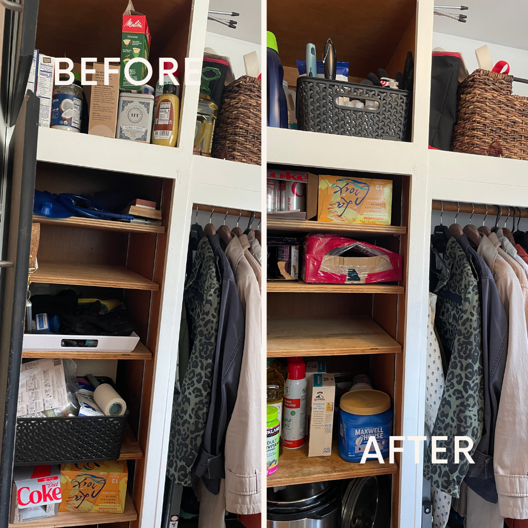 Side-by-side comparison of a closet shelf area before and after organization. The 'before' side shows shelves filled with miscellaneous items, including boxes, bottles, and clutter, while the 'after' side displays a more tidy organization with items 