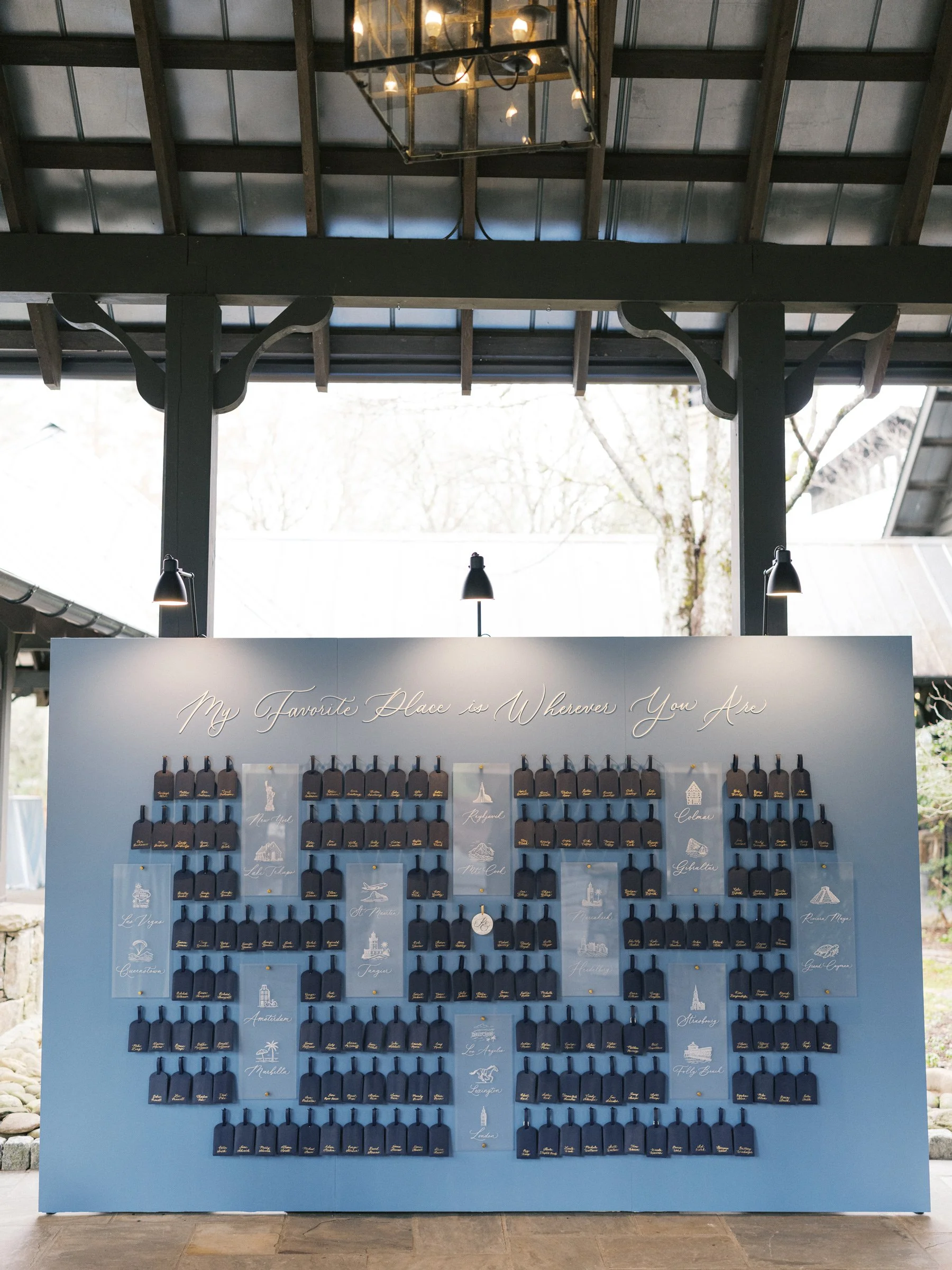 Custom Built Seating Chart with Hand Foiled Luggage Tags, Photo by Morgan Long