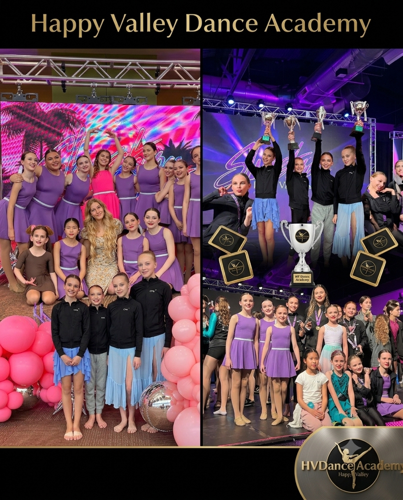 A collage of three photos from the Happy Valley Dance Academy awards event. The top left photo shows a group of young female dancers in purple dance costumes and a woman in a pink dress posing in front of a colorful digital backdrop with pink balloons in the foreground. The top right photo features dancers holding trophies on stage, with a large trophy in the center and awards laying on the stage. The bottom photo displays a group of dancers in purple costumes and young girls in casual clothing, sitting and standing on stage with a banner reading 'HV Dance Academy' in the corner.