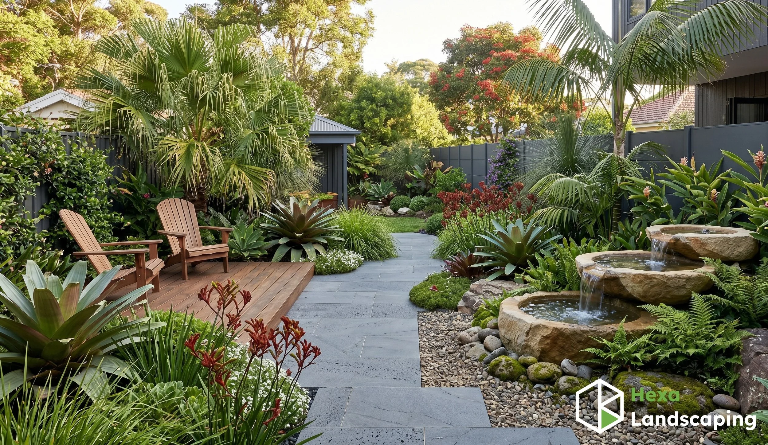 The Sydney Coastal/Subtropical Oasis
This design embraces the humid Sydney climate, prioritizing lush, large-leaf foliage and a cool, relaxed atmosphere.

Vibe: Lush, soft, and relaxing (think Byron Bay resort).