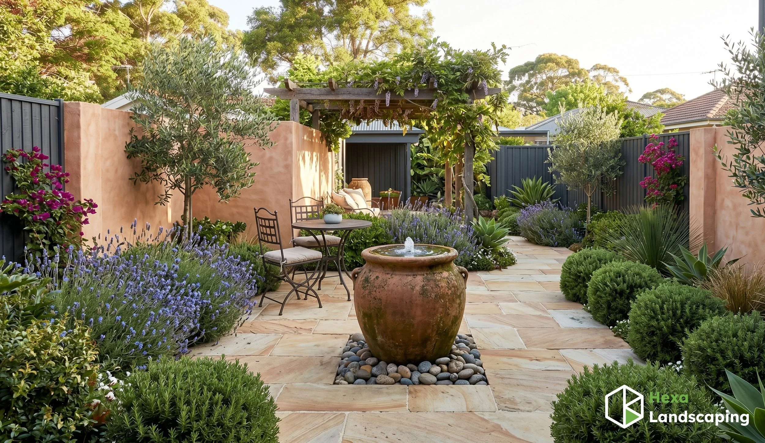 The Sydney Mediterranean Courtyard
This design adapts Mediterranean principles to the local environment and material palette, creating a structured, textured, and sun-drenched space.

Vibe: Earthy, textured, structured, and warm.