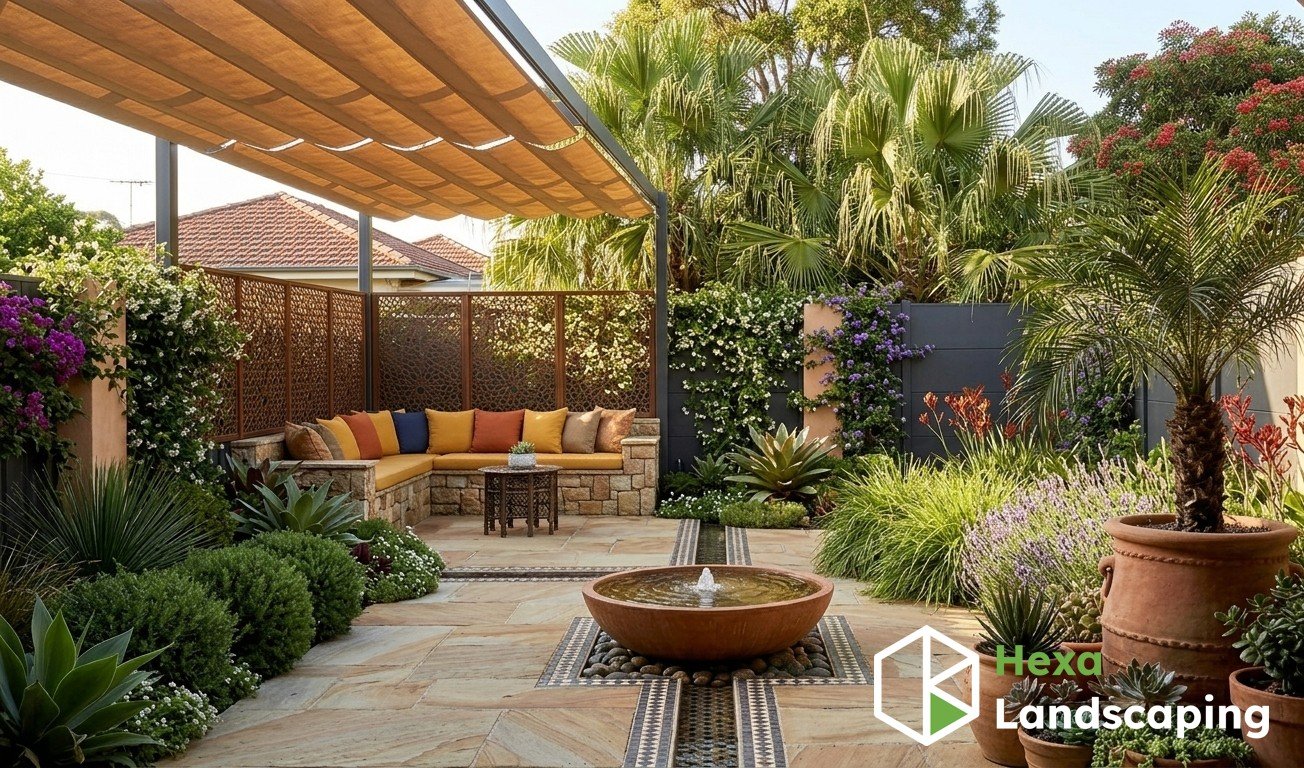 This design reinterprets the vibrant textures, colors, and water features of a Moroccan riad courtyard for the context of a Sydney backyard, providing a private, exotic escape that flourishes in the harsh sun.

Vibe: Earthy, intricate, immersive, and