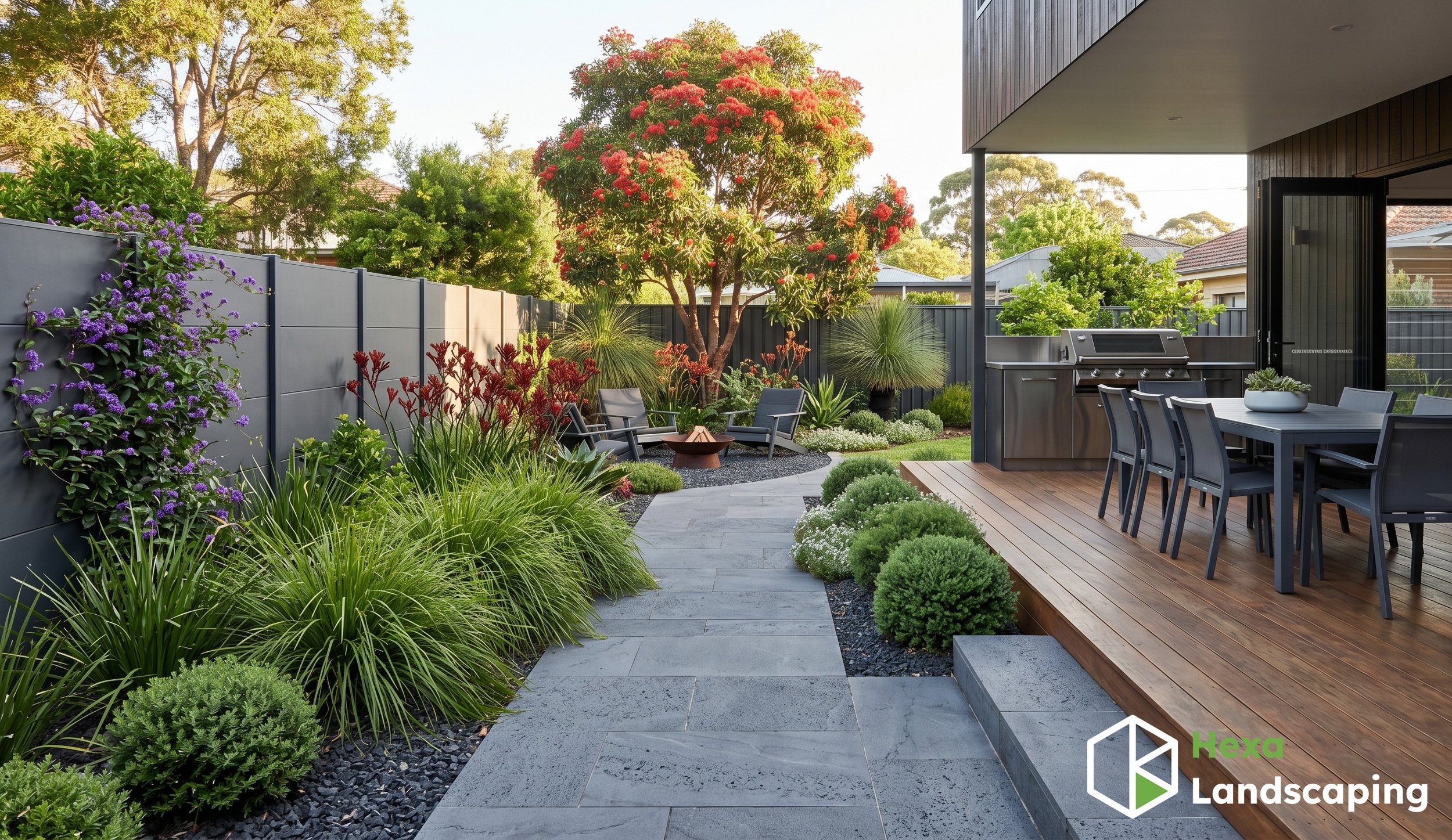 The Modern Native & Entertaining Garden
This design emphasizes clean lines, usable hardscape, and a stunning palette of hardy, architectural Australian plants.

Vibe: Sleek, low-maintenance, and perfect for dinner parties.