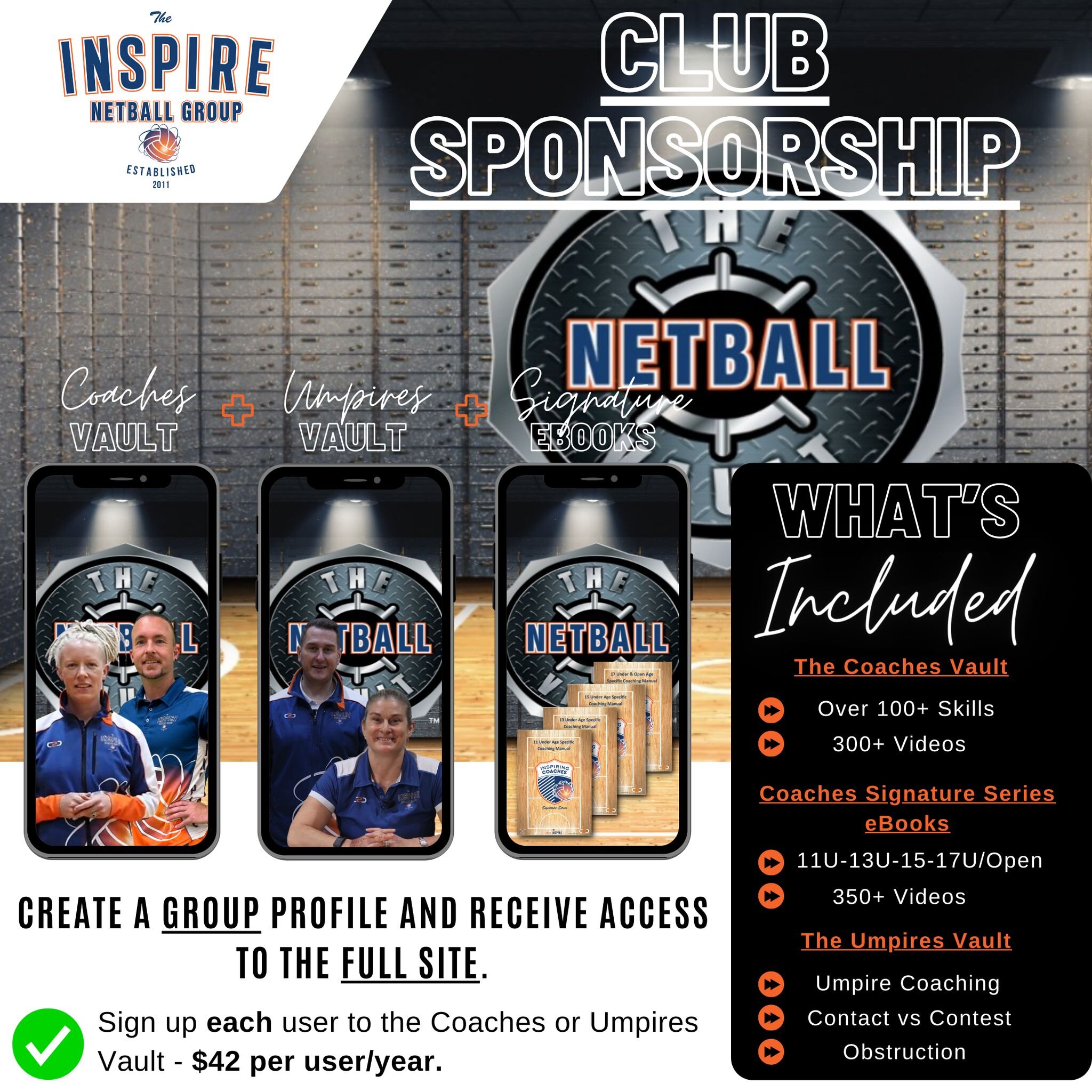 CLUB SPONSORSHIP 📣🏐
.
Gain access to the WHOLE NETBALL VAULT SITE 🔥
.
👇🏽 HERES HOW 👇🏽
 1. Create a group profile for your club.
 2. Sign up each user to either the COACHES or UMPIRES vault (minimum group of 5 users).
 3. At $42 per user/year y