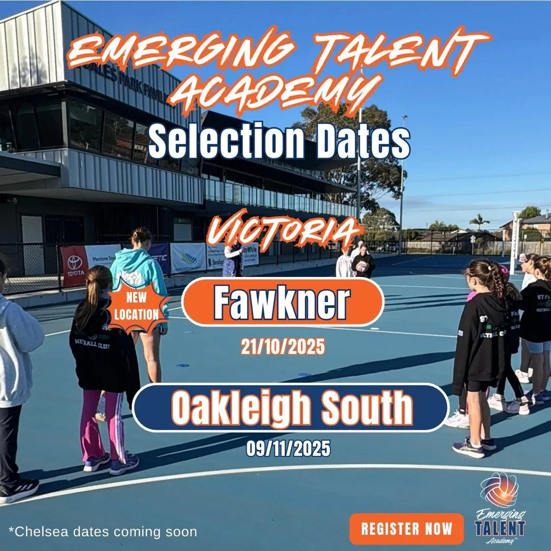 The selection dates for our 𝗘𝗺𝗲𝗿𝗴𝗶𝗻𝗴 𝗧𝗮𝗹𝗲𝗻𝘁 𝗔𝗰𝗮𝗱𝗲𝗺𝗶𝗲𝘀 in Oakleigh South and Fawkner are here! 🏐🙌

𝗙𝗮𝘄𝗸𝗻𝗲𝗿 (𝘕𝘦𝘸 𝘓𝘰𝘤𝘢𝘵𝘪𝘰𝘯) 🔥
21 October 
Book now at https://www.inspirenetballgroup.com/upcoming-events/emergin