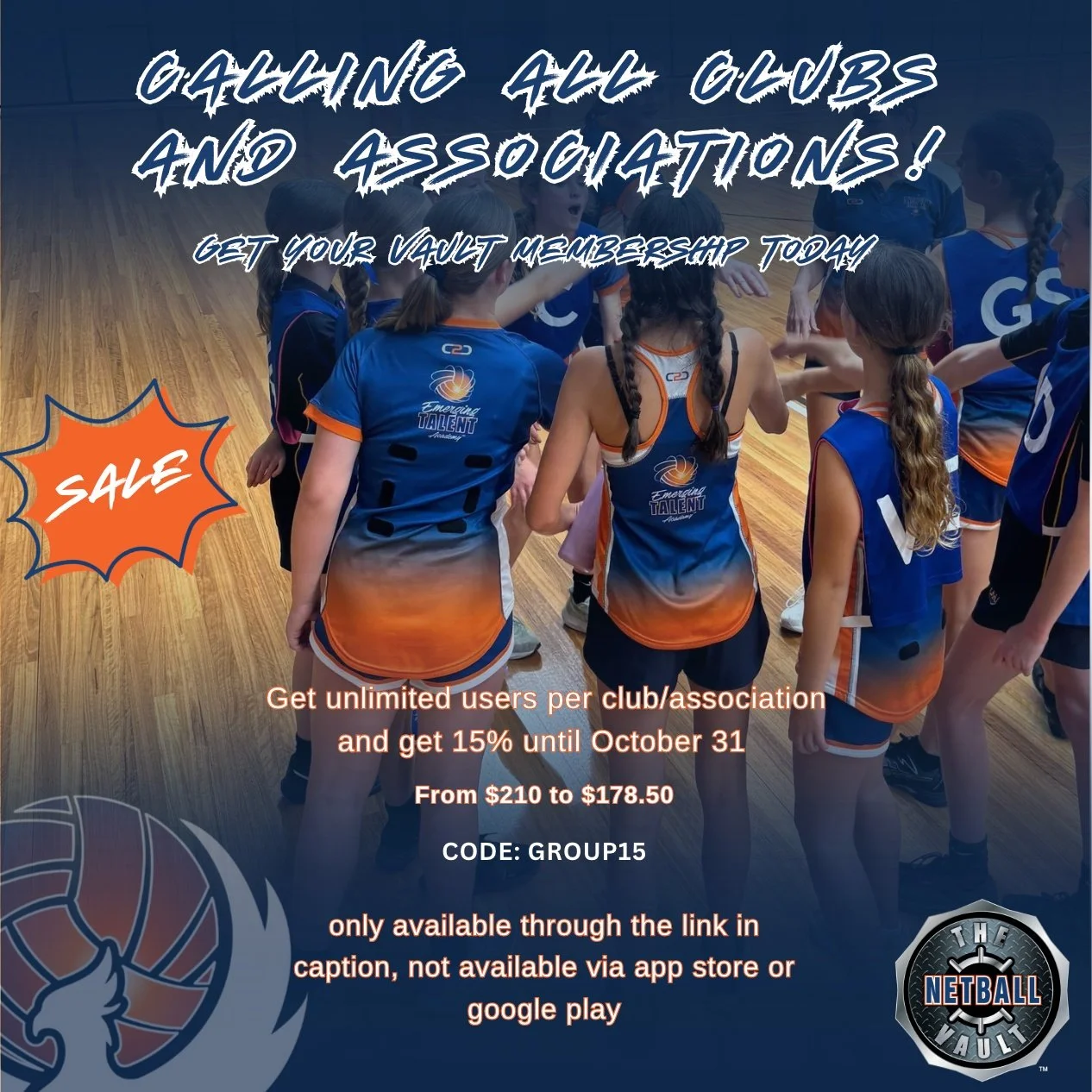 For a 𝘭𝘪𝘮𝘪𝘵𝘦𝘥 𝘵𝘪𝘮𝘦 𝘰𝘯𝘭𝘺, get 𝟭𝟱% 𝗼𝗳𝗳 group memberships on The Netball Vault App! 👟🔥

𝘋𝘐𝘚𝘊𝘓𝘈𝘐𝘔𝘌𝘙: 𝘖𝘯𝘭𝘺 𝘢𝘷𝘢𝘪𝘭𝘢𝘣𝘭𝘦 𝘶𝘴𝘪𝘯𝘨 𝘵𝘩𝘪𝘴 𝘭𝘪𝘯𝘬: 𝘩𝘵𝘵𝘱𝘴://𝘣𝘶𝘺.𝘴𝘵𝘳𝘪𝘱𝘦.𝘤𝘰𝘮/7𝘴𝘠28𝘴𝘨1𝘤4𝘚𝘠𝘨01