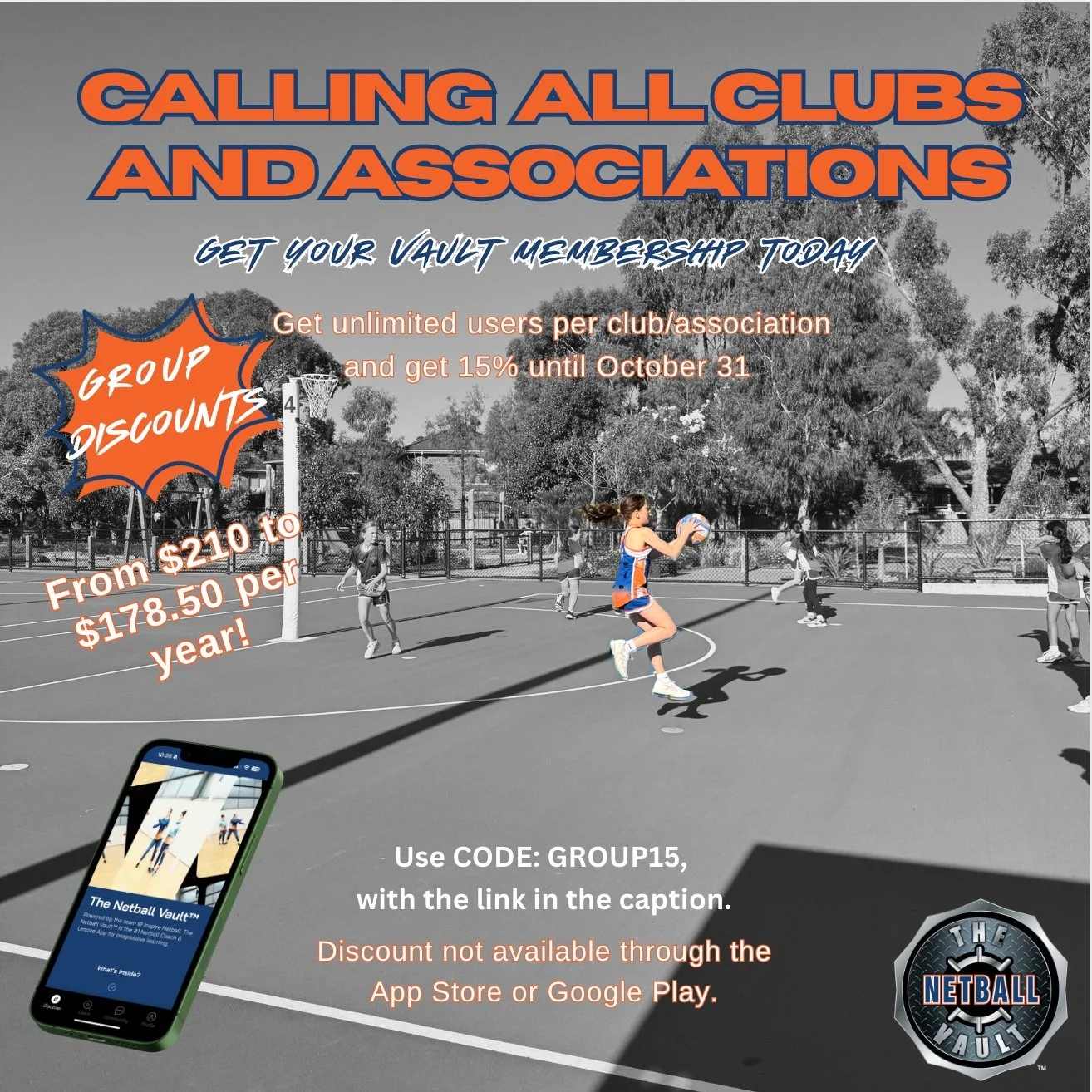 𝗖𝗮𝗹𝗹𝗶𝗻𝗴 𝗮𝗹𝗹 𝗰𝗹𝘂𝗯𝘀 𝗮𝗻𝗱 𝗮𝘀𝘀𝗼𝗰𝗶𝗮𝘁𝗶𝗼𝗻𝘀! 🚨
For a limited time only, we are offering 𝟭𝟱% 𝙤𝙛𝙛 𝙖𝙡𝙡 𝙜𝙧𝙤𝙪𝙥 𝙢𝙚𝙢𝙗𝙚𝙧𝙨𝙝𝙞𝙥𝙨 on the netball vault app ‼️✨🏐.
Group memberships include 𝘂𝗻𝗹𝗶𝗺𝗶𝘁𝗲𝗱 profile