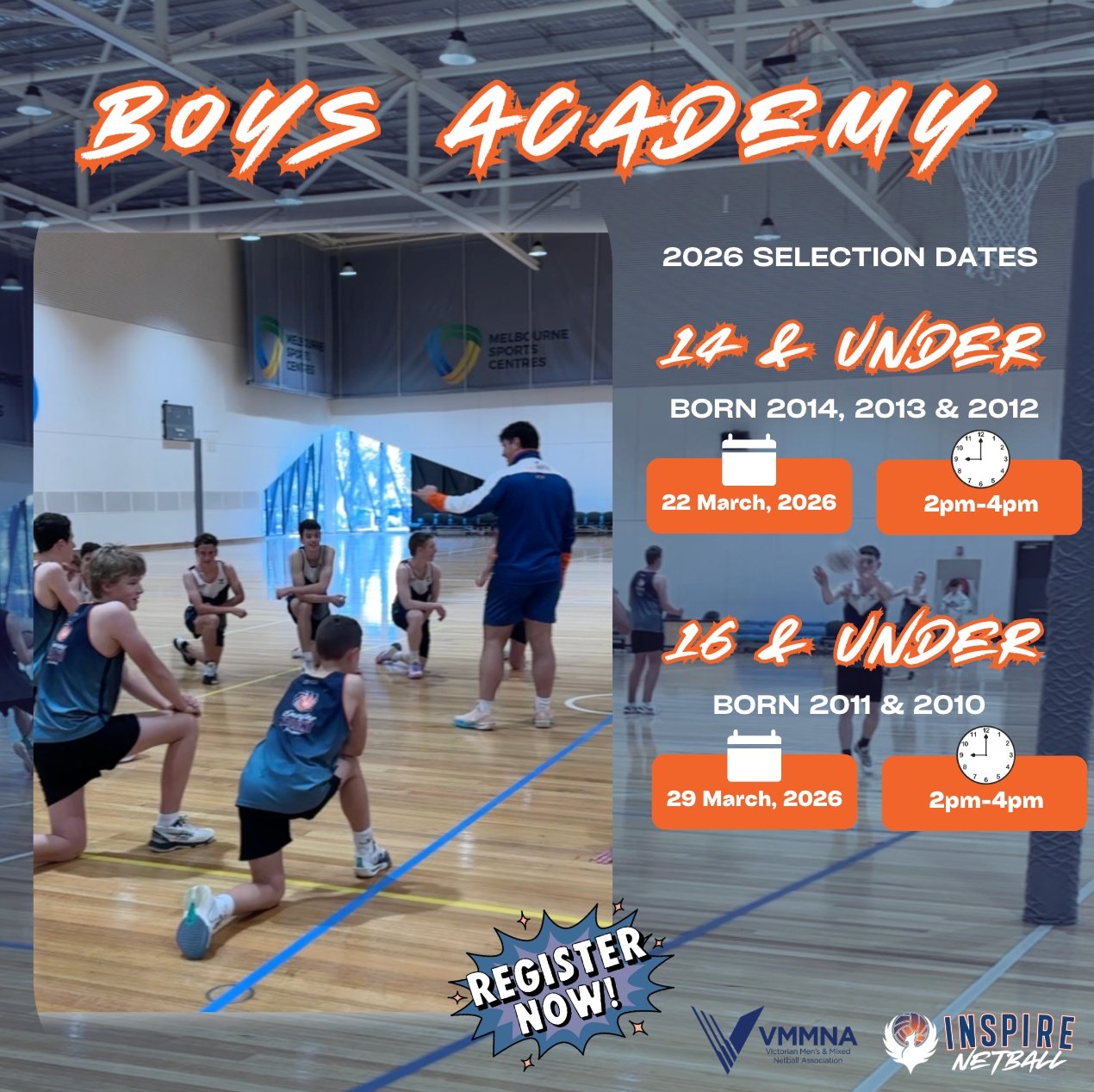 Registrations are 𝗻𝗼𝘄 𝗼𝗽𝗲𝗻 for screening dates for the 𝗕𝗼𝘆𝘀 𝗘𝗺𝗲𝗿𝗴𝗶𝗻𝗴 𝗧𝗮𝗹𝗲𝗻𝘁 𝗔𝗰𝗮𝗱𝗲𝗺𝘆‼️

The official talent pathway for the Victorian Mens State Program, delivered with the Victorian Mens and Mixed Netball Association!
