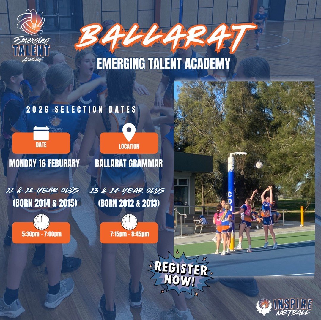 We're coming to Ballarat 👀🏐💥

The Emerging Talent Academy is coming to Ballarat in 2026!

Selection Day Details
📅 16 February 2026
📍 Ballarat Grammar | 201 Forest Street, Wendouree
💲 $30 per athlete

Session times:
11 &amp; 12 year olds (2014&n