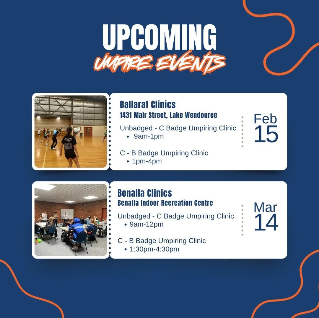 Upcoming Umpire Clinics 🏐

📍 Ballarat
Unbadged to C Badge Clinic
Sunday 15 February 2026
9:00am &ndash; 1:00pm
Ballarat Football Netball League
🔗https://www.inspirenetballgroup.com/upcoming-events/beginner-umpire-school-holiday-clinic-n6ltm-g8x8m-