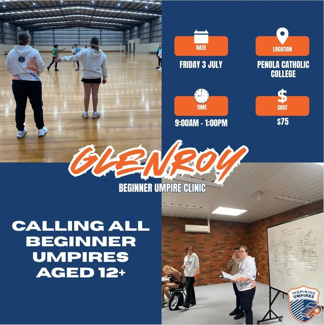 📣 Calling all aspiring umpires!

Join our Beginner Umpire School Holiday Clinic for ages 12+ on Friday 3 July 2026 at Penola Catholic College, Glenroy (9:00am ‑ 1:00pm).

Build your rule knowledge, try on‑court umpiring and leave with your own compe
