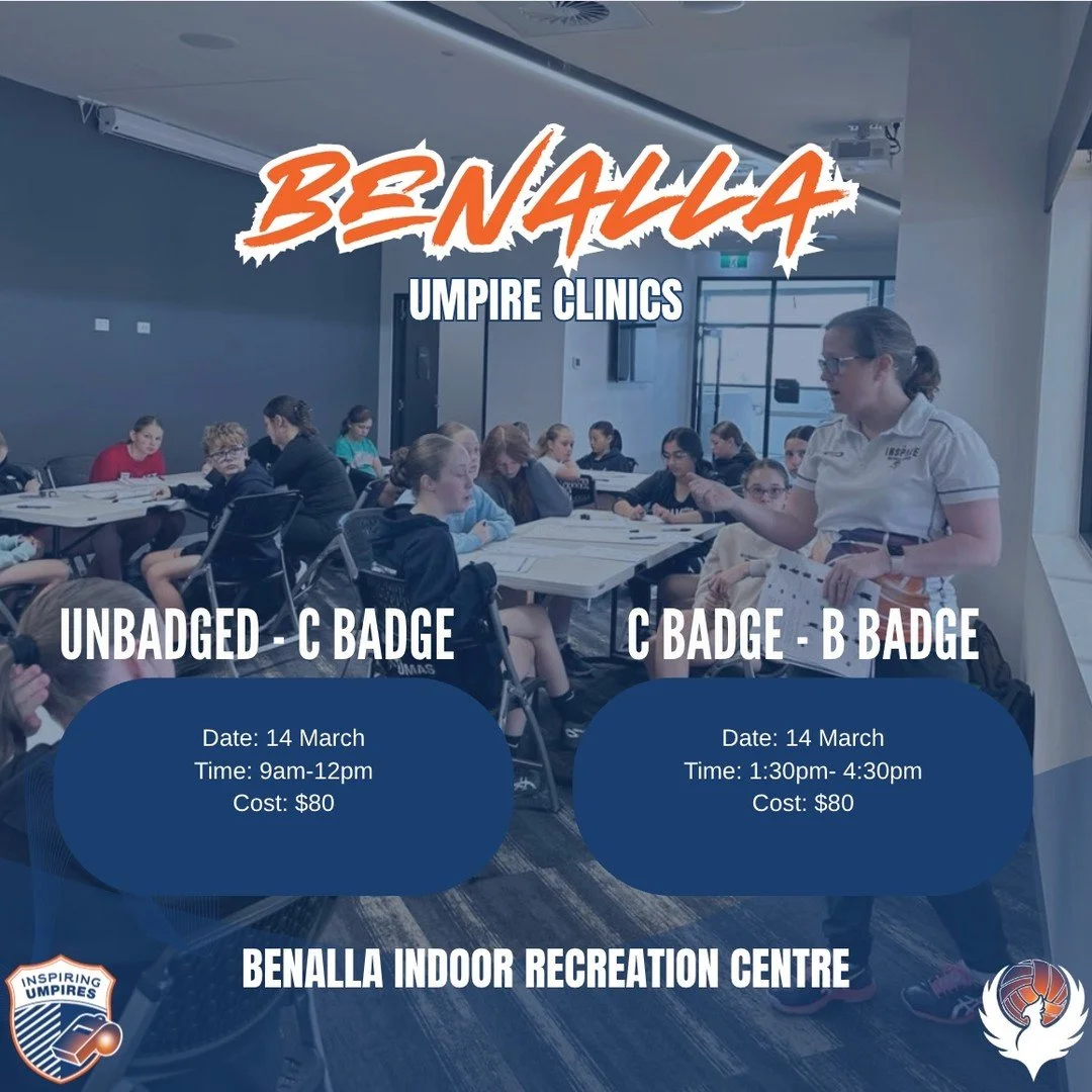 CALLING ALL UMPIRES 🏐👏

📅 Date: 14 March 2026
📍 Venue: Benalla Indoor Recreation Centre

𝗨𝗻𝗯𝗮𝗱𝗴𝗲𝗱 𝘁𝗼 𝗖 𝗕𝗮𝗱𝗴𝗲:
🕝 9am-12pm

Register Here:
https://go.inspirenetballgroup.com/widget/form/HvqyzOHQaps4nu5R5oxl

𝗖 𝗕𝗮𝗱𝗴𝗲 𝘁𝗼 𝗕 ?