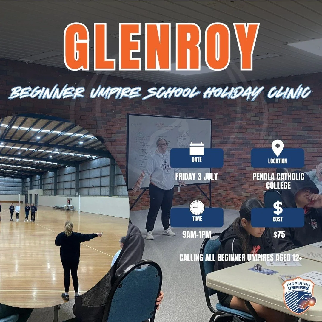 📣 Calling all aspiring umpires!

Join our Beginner Umpire School Holiday Clinic for ages 12+ on Friday 3 July 2026 at Penola Catholic College, Glenroy (9:00am ‑ 1:00pm).

Build your rule knowledge, try on‑court umpiring and leave with your own compe