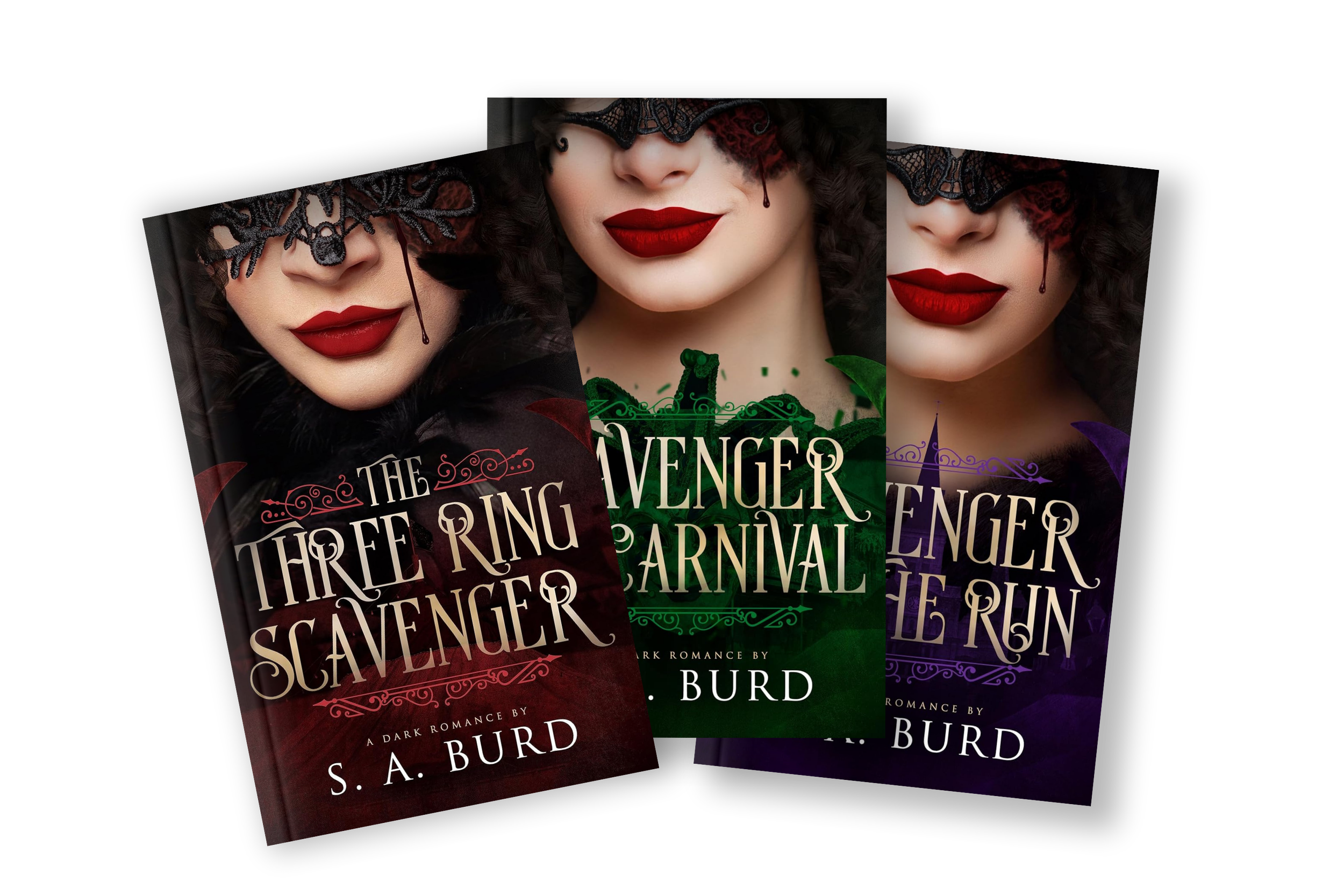 Three book covers of 'Scavenger series' by S. A. Burd, featuring close-up images of women with red lipstick, black lace eye masks, and dark hair with a gothic style.