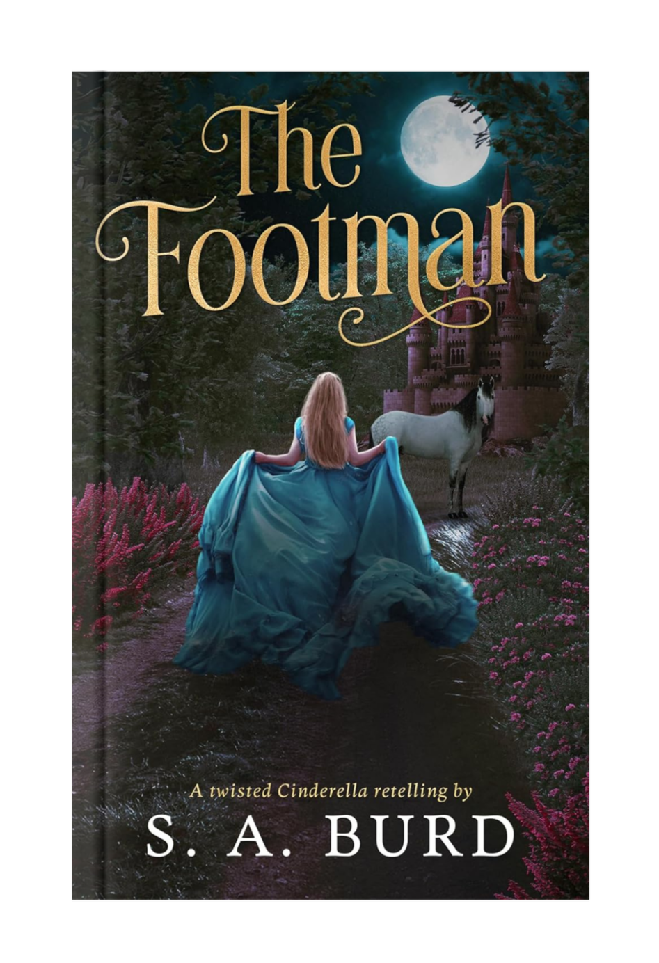 Book cover titled "The Footman" featuring a girl in a blue dress walking away, a castle in the background, a full moon, a white horse, and pink flowers along a muddy path at night.