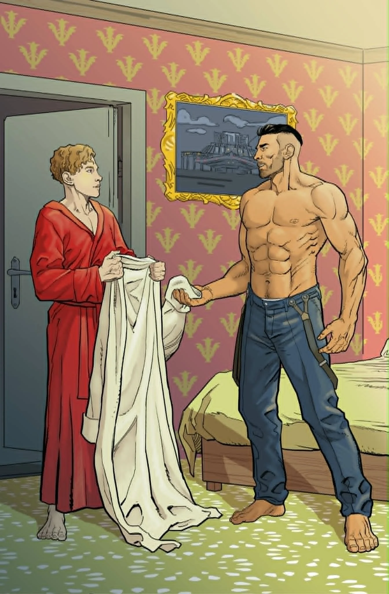 A cartoon-style illustration of a muscular man with short dark hair, pants, and a big wrench, standing barefoot, talking to a young man with short curly hair wearing a red bathrobe, in a room with pink wallpaper and a landscape painting on the wall.