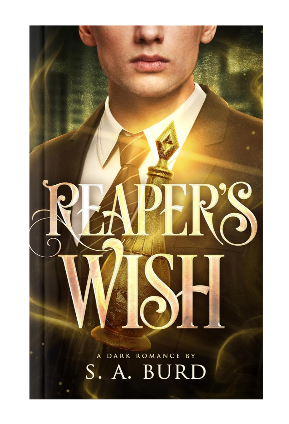 Book cover titled "Reaper's Wish" with a man in a suit and a glowing sword, set against a dark, mystical background.