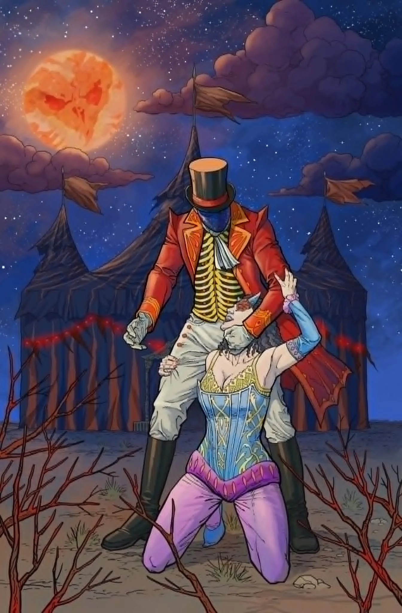 A colorful art scene of a man in a red coat and top hat, a woman in a corset kneeling in front of him, with a spooky tent, leafless red branches, a starry sky, and a bright fiery moon with a skull face in the background.