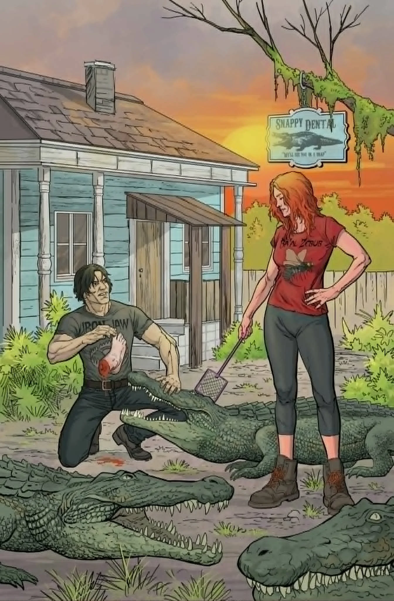 A comic-style scene featuring two humans and two alligators. One man, wearing glassesis sitting on the ground with his foot on an alligator's snout. A woman with red hair, wearing a red  with a butterfly and the words 'Fear Club,' is standing and holding a net, looking at the man and the alligator. The background shows a house with a porch, trees, and a sunset sky.
