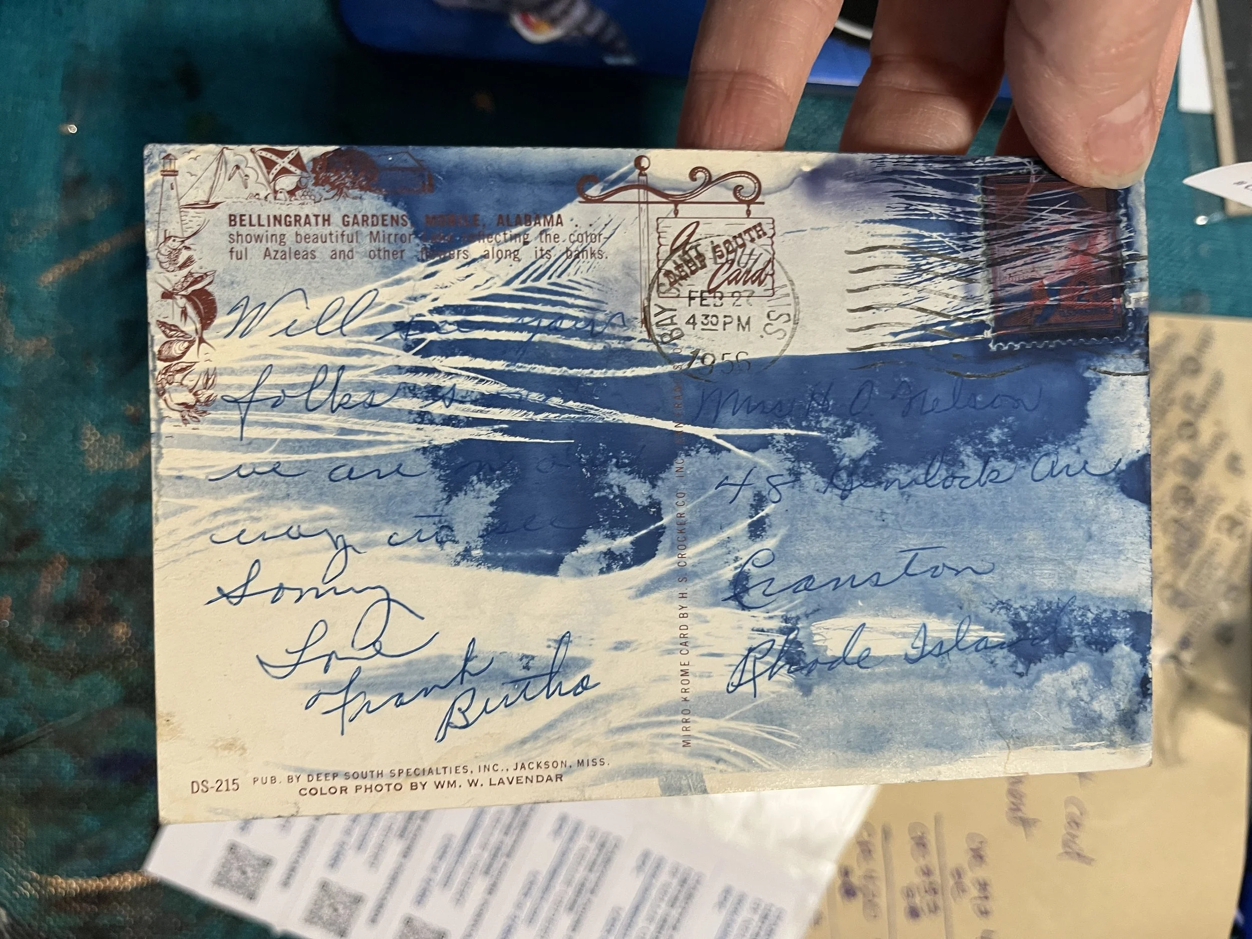 Cyanotype Blue Art on Postcard Peacock Feather Abstract Small Artwork 4x6 #462