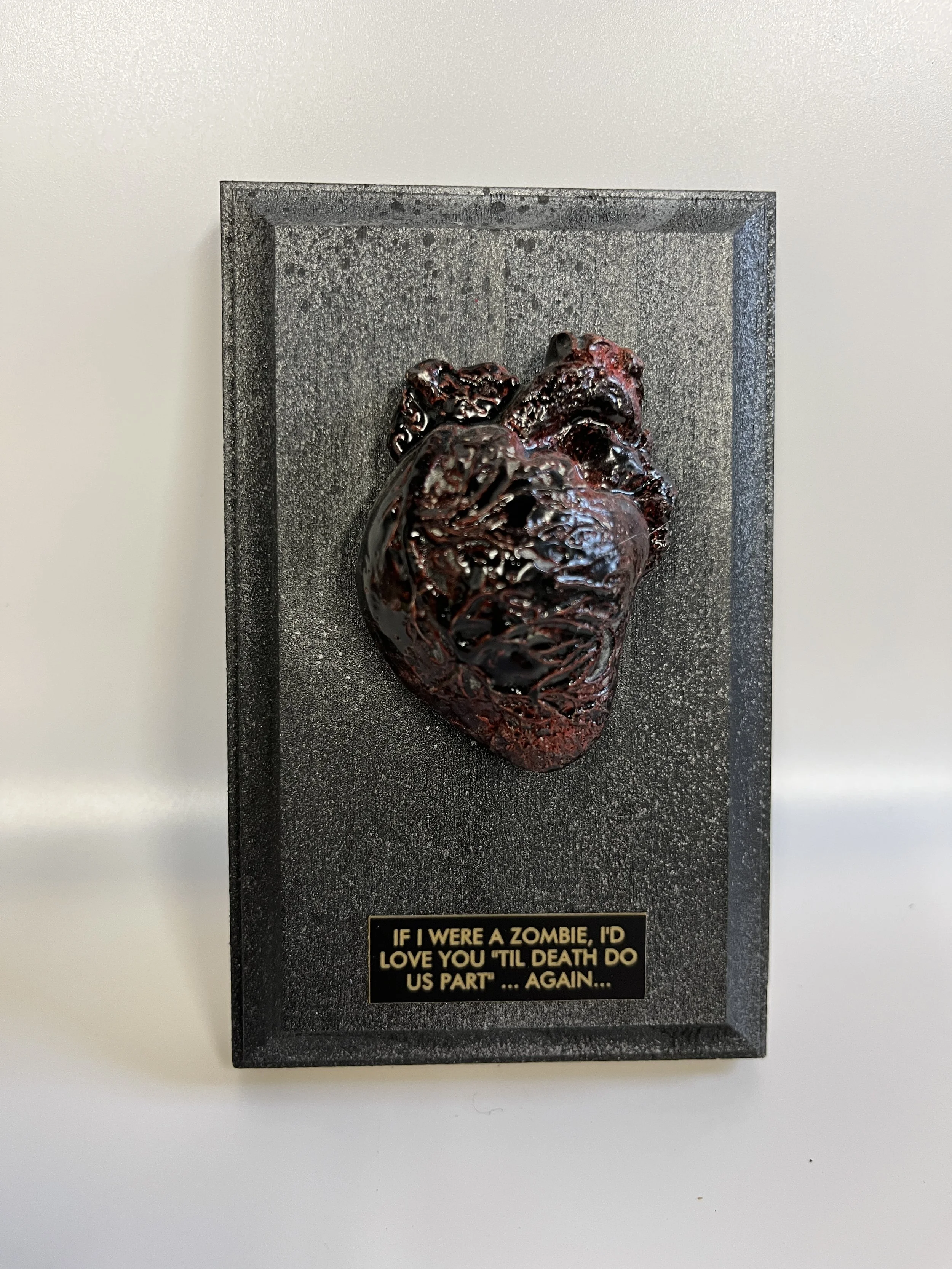 Black Zombie Heart Art Trophy | Anatomy Heart on Black Wood Plaque