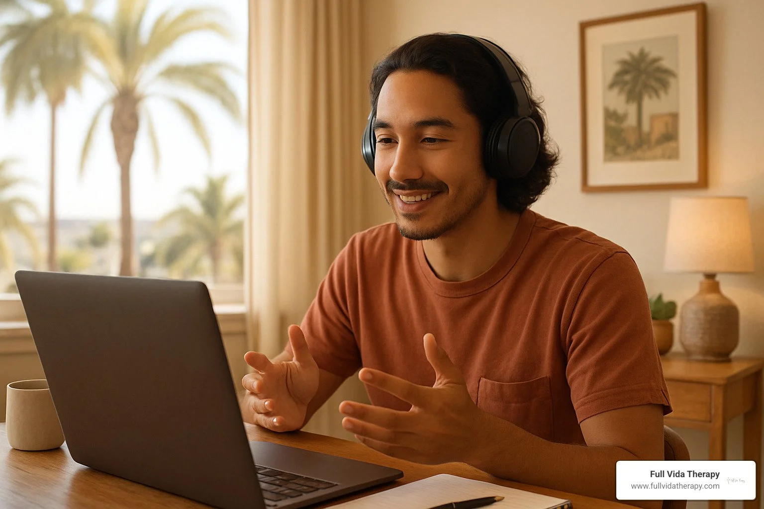 Person attending online therapy session from home - online anxiety therapy California