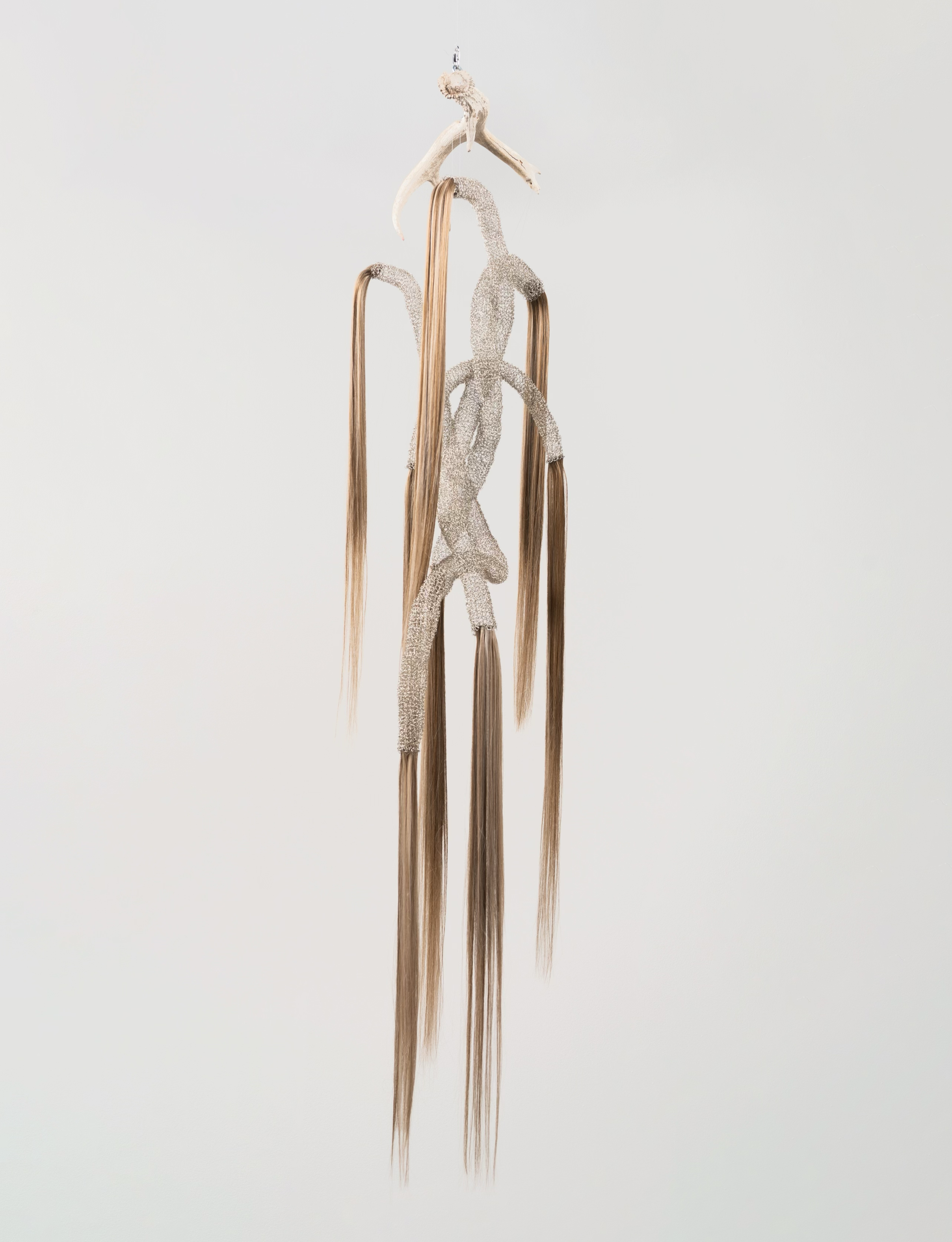 Mikvah Princess, 2025 silver colored copper wire, hair extensions, deer antler, 60 x 24 x 15 in.