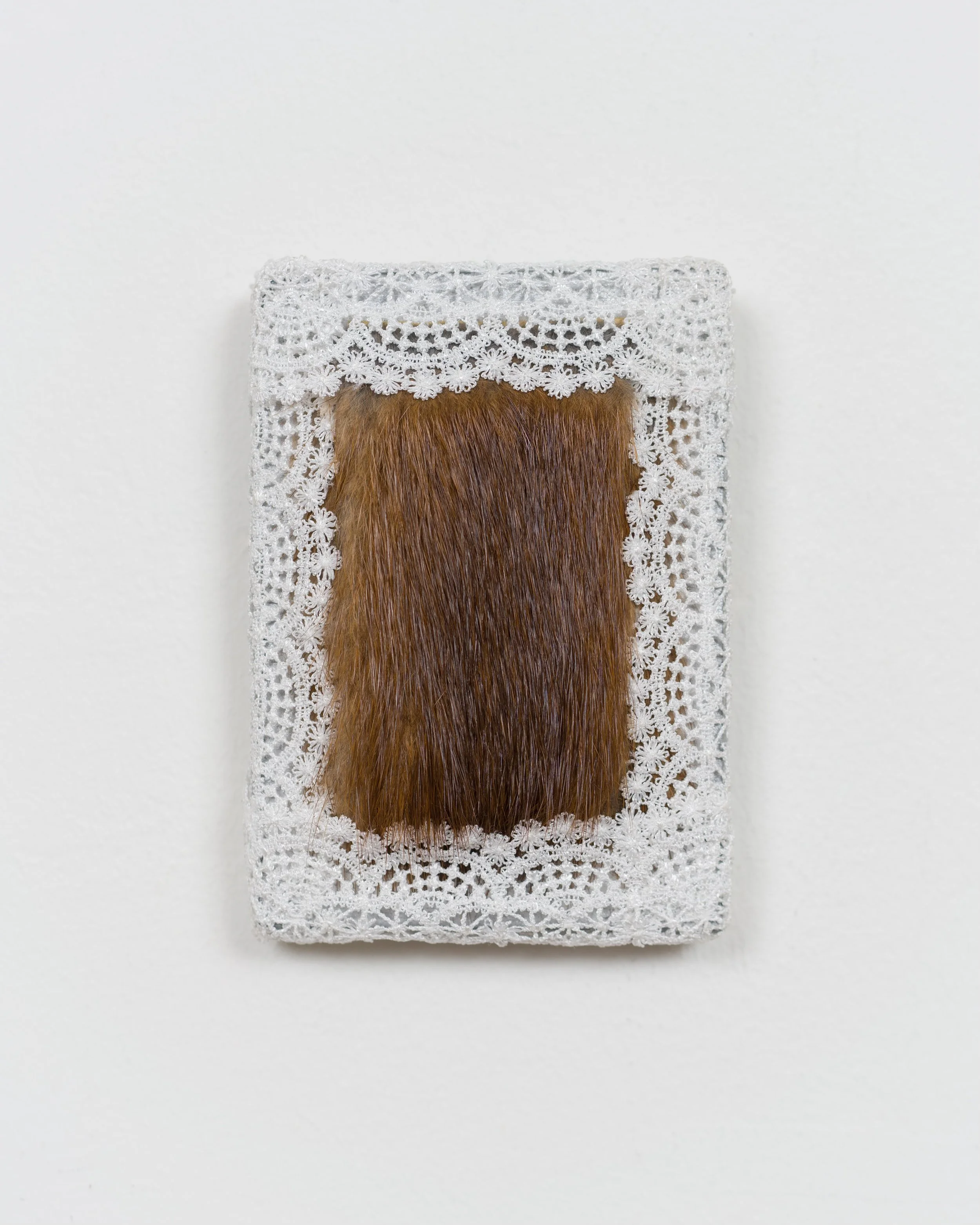 Pearl, 2025 wood board, fur, lace trim, 4in x 6in