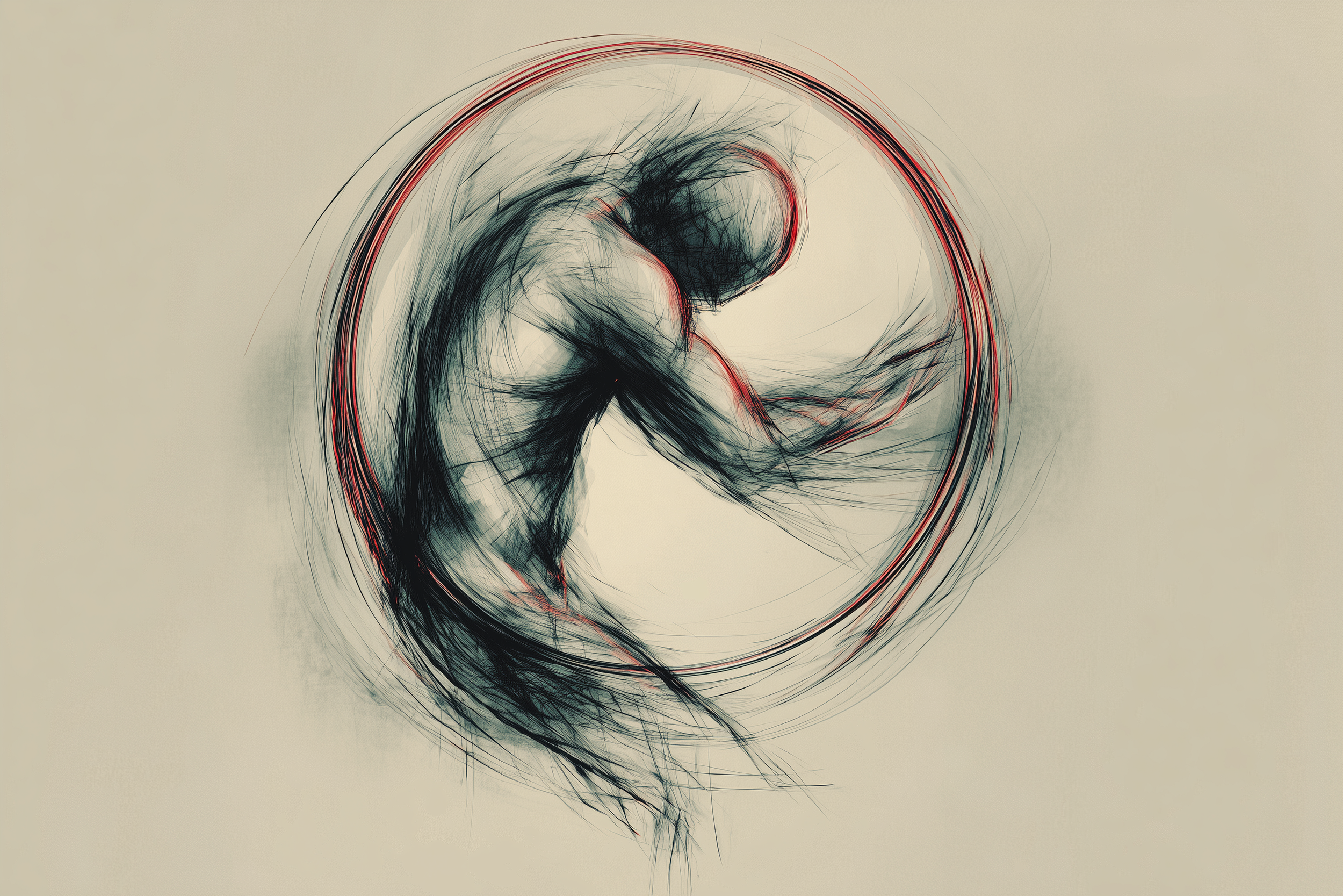 Abstract human figure caught in a circular motion representing the emotional cycle between shame and anger