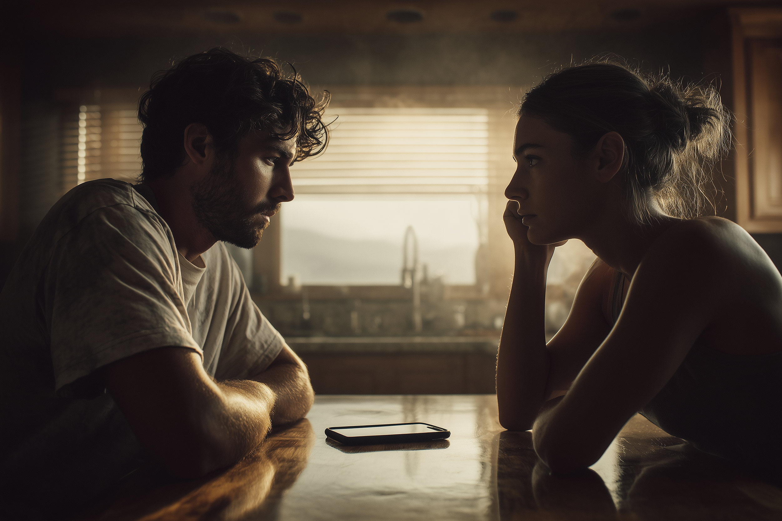 Two partners sit across from each other at a table in a quiet but tense moment, reflecting emotional conflict and the aftermath of a rupture in a relationship.