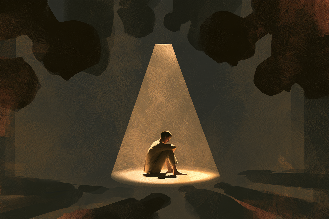 A person sits curled beneath a spotlight while dark shadowy forms loom above, representing shame, judgment, and vulnerability.