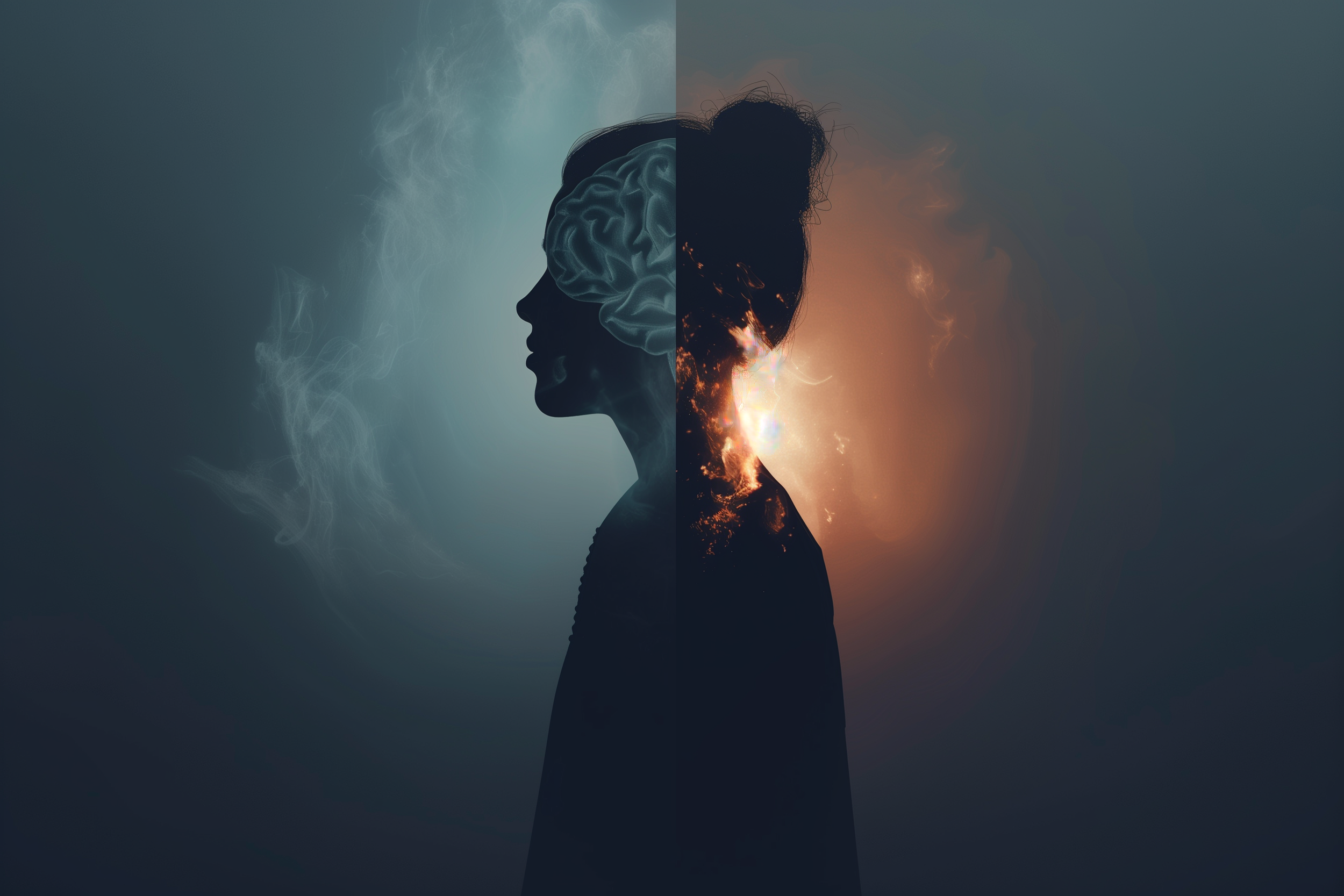 Silhouette of a person split into cool blue and warm orange halves, symbolizing the balance between mind and heart in therapy.