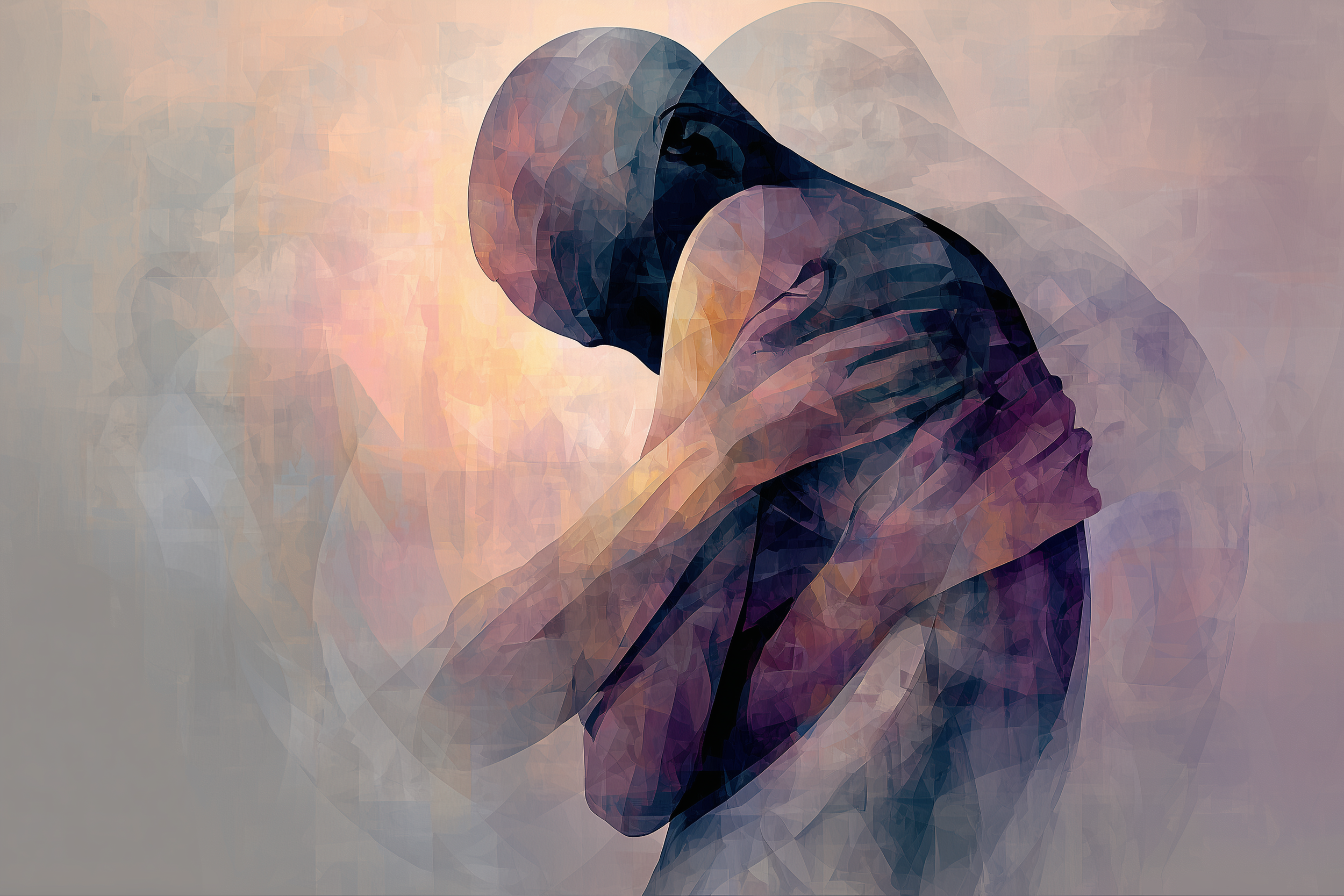 Abstract image of a human figure in a self-embrace symbolizing trauma-informed, body-based therapy and self-compassion.